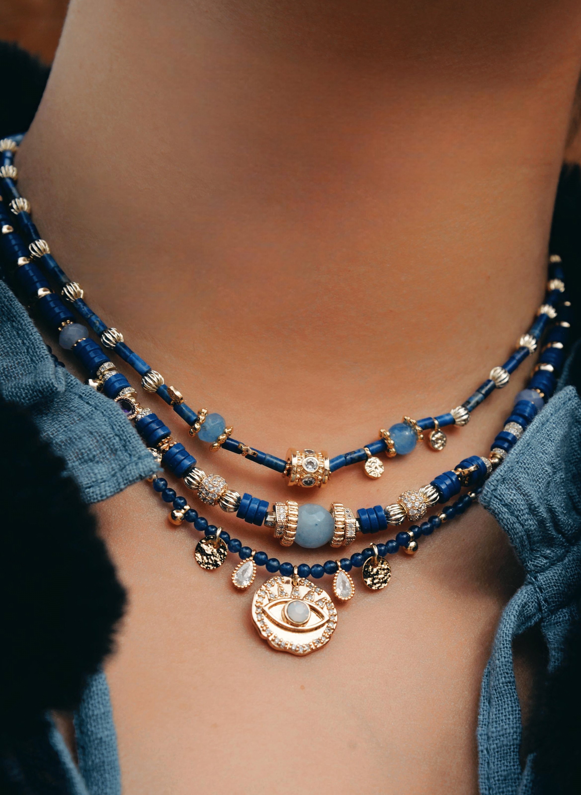 Multilayer pearl necklace with charms HIPANEMA Blue