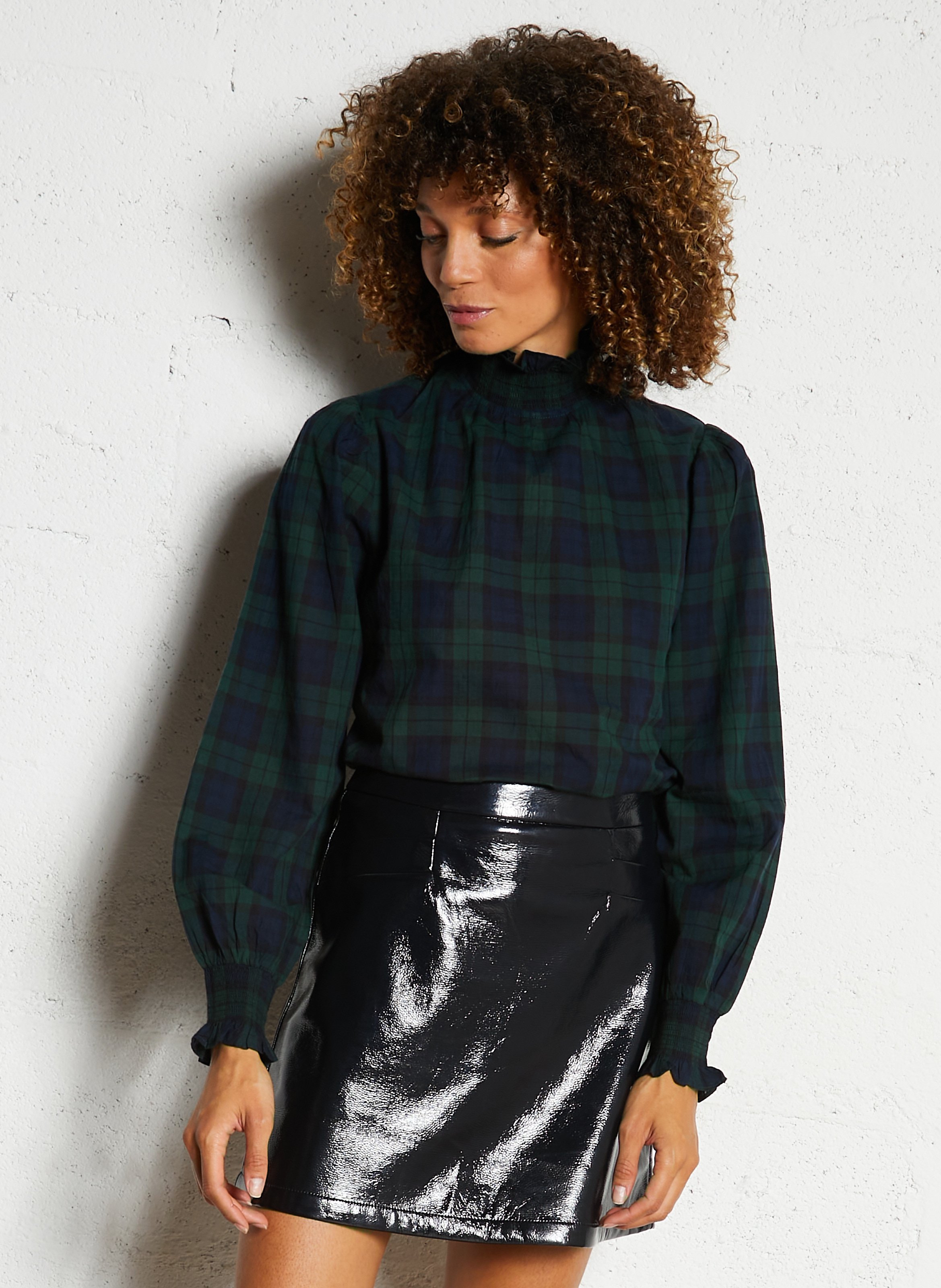 Straight high-neck cotton blouse PETITE MENDIGOTE Blue