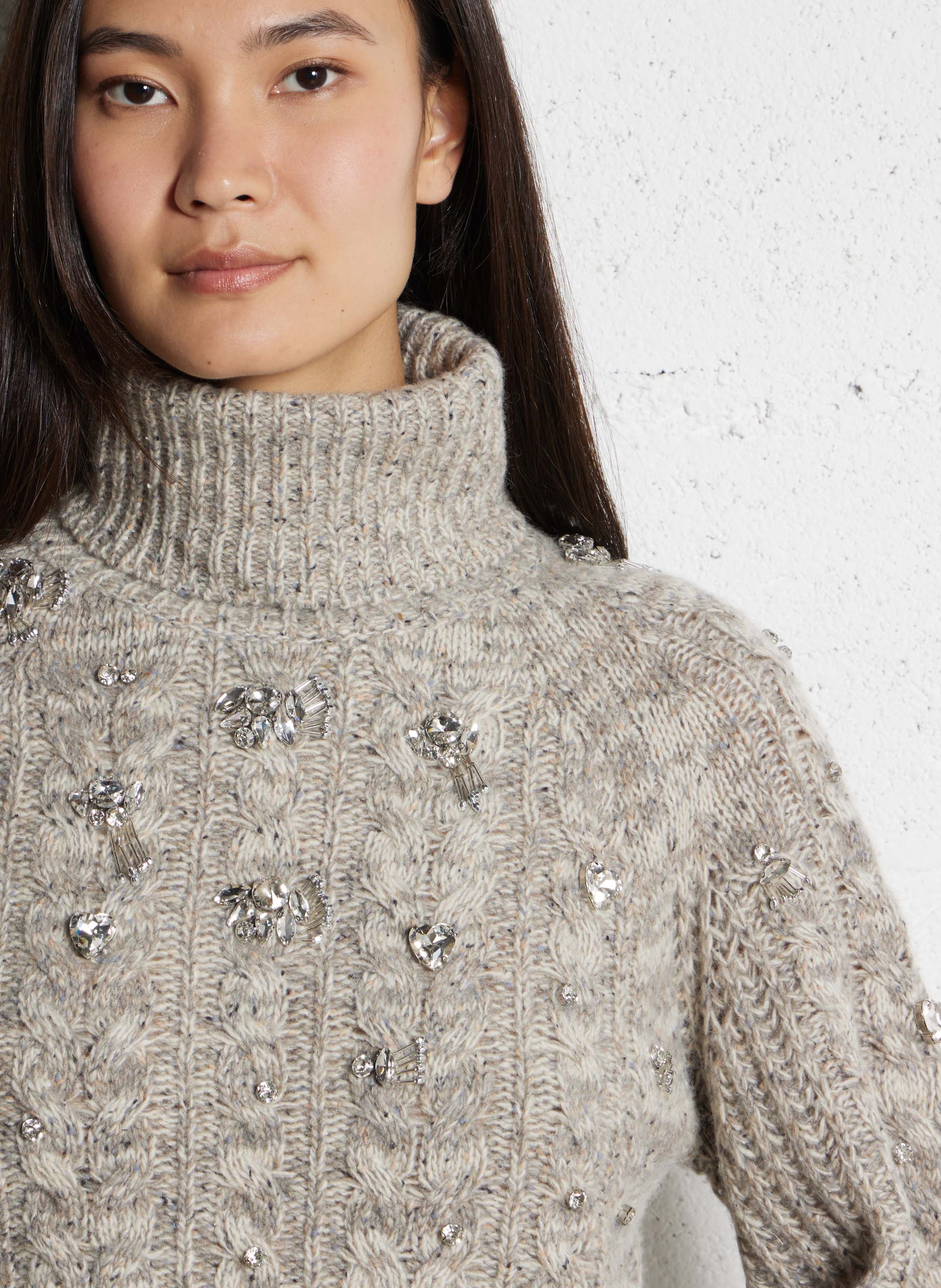 Rechte coltrui van gemengde wol met strass FABIENNE CHAPOT Beige