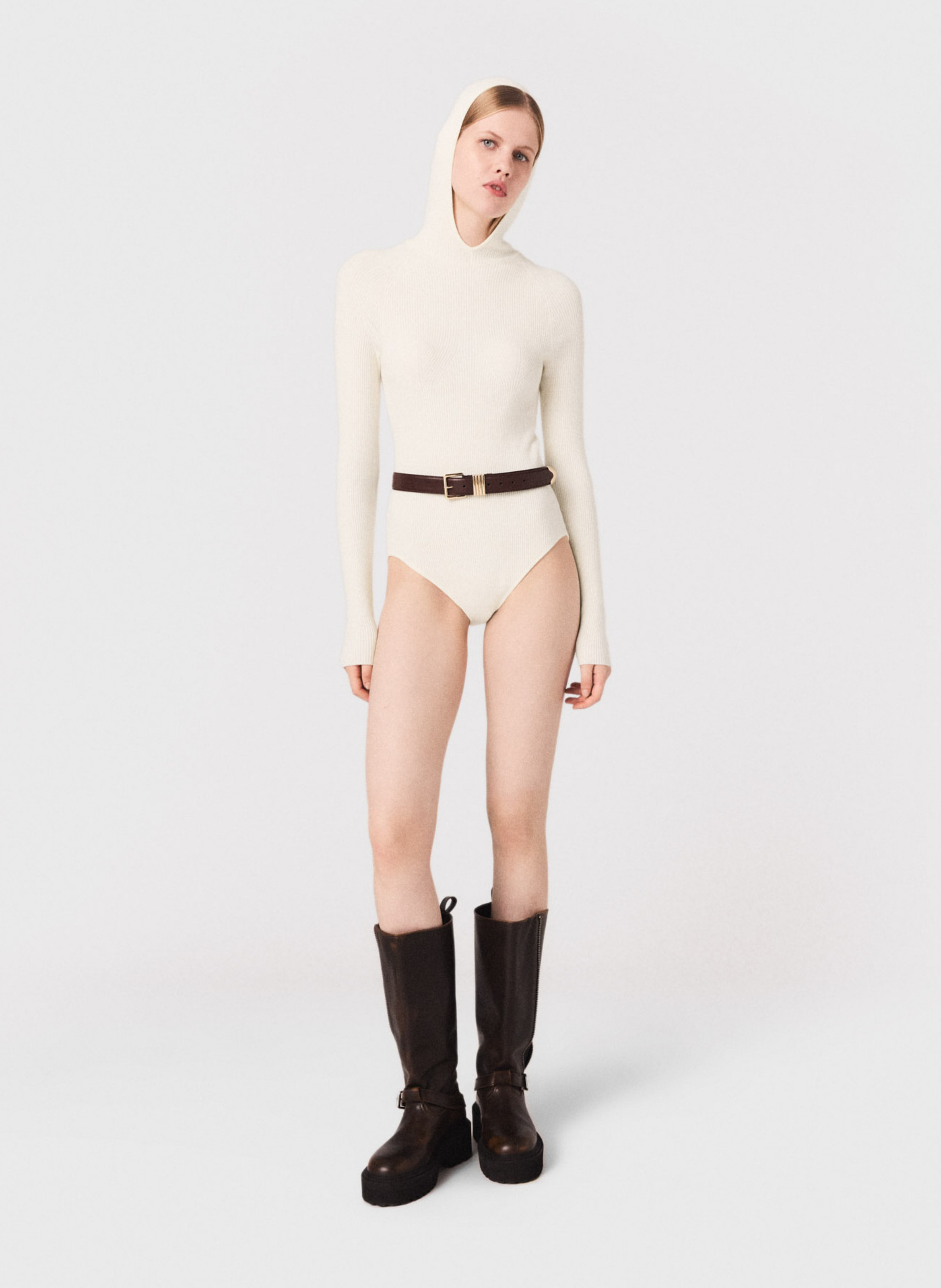 Body en laine mélangée à capuche MAJE Beige