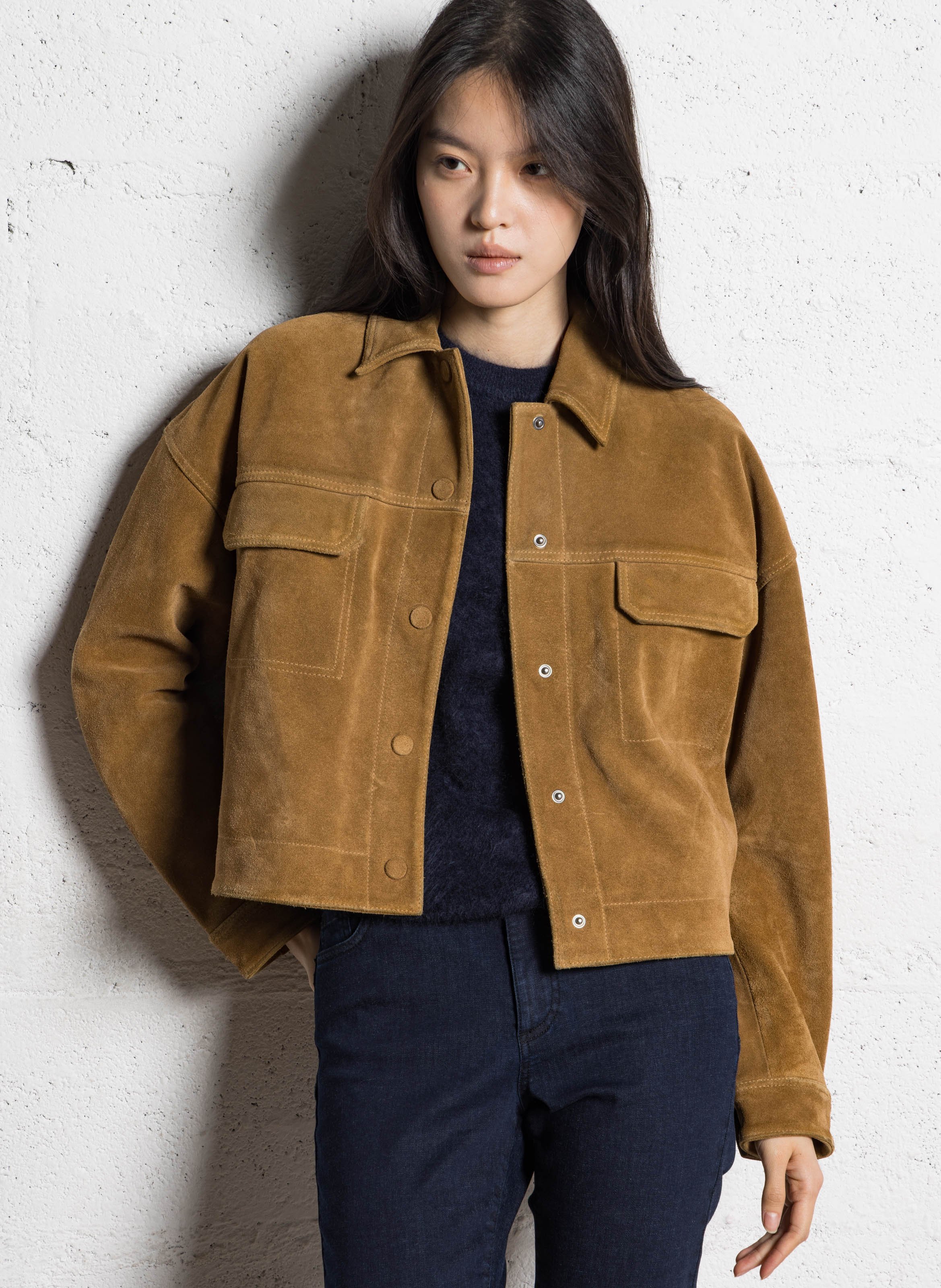 Veste oversize col classique en cuir velours IKKS Marron