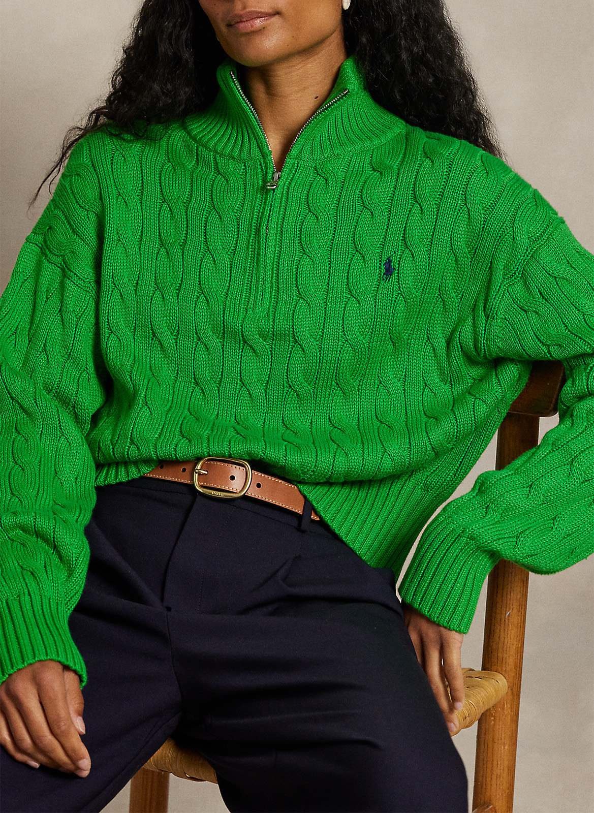 Pull col zippé en coton POLO RALPH LAUREN Vert