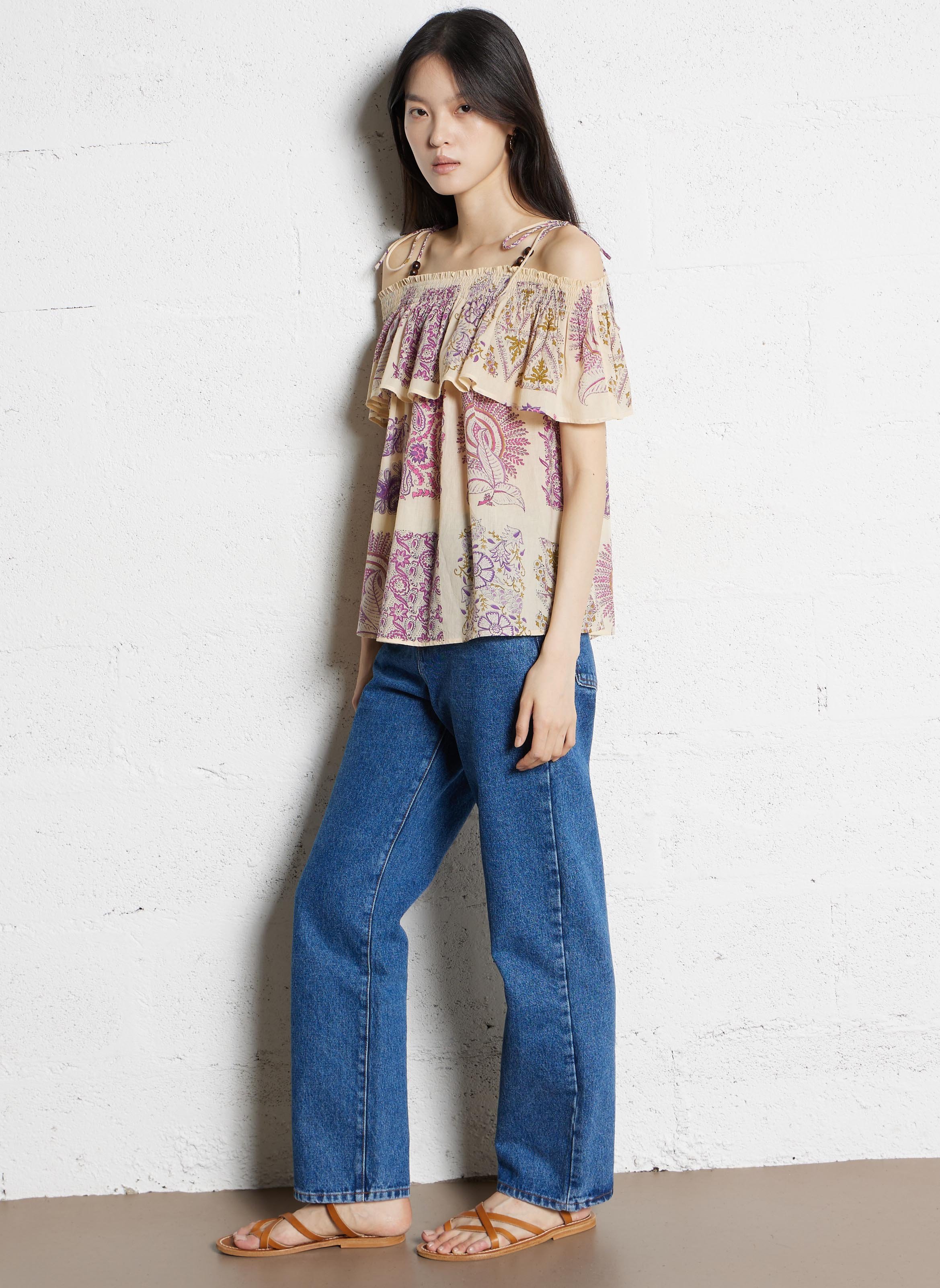 Top con spalline stampate a balze ANTIK BATIK Beige