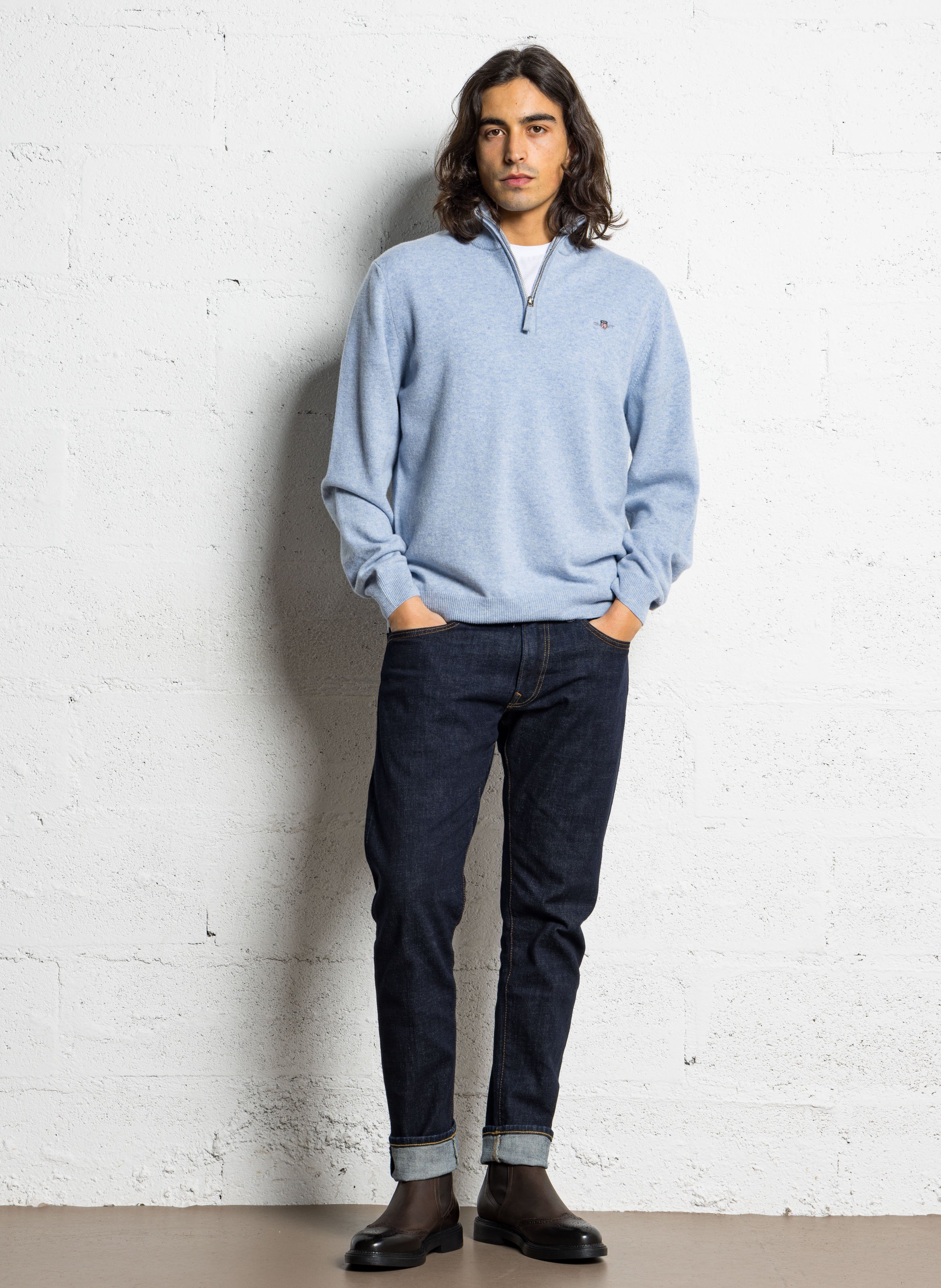 High-neck wool sweater with zip GANT Blue