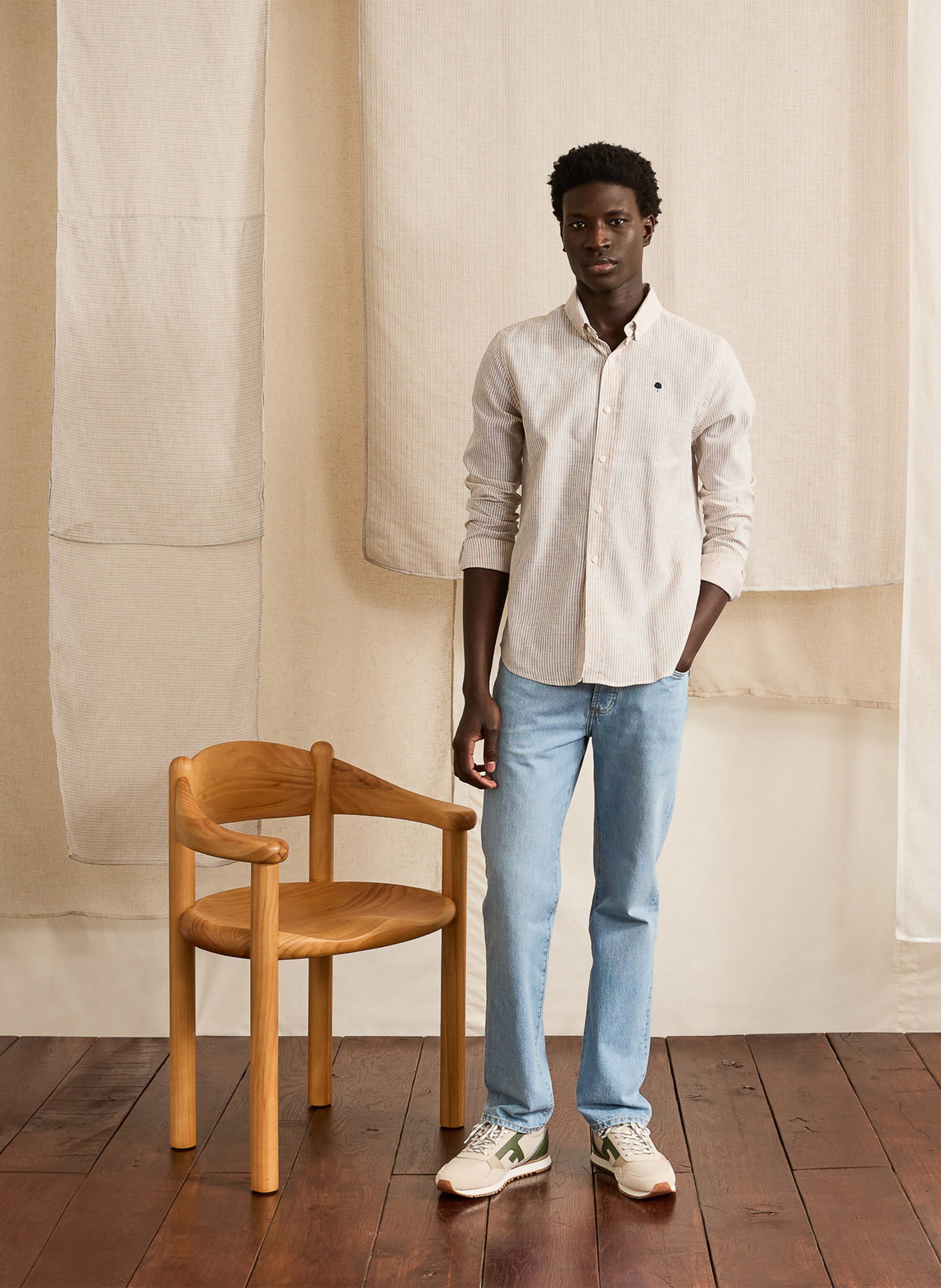 Chemise droite à rayures en coton et lin FAGUO Beige