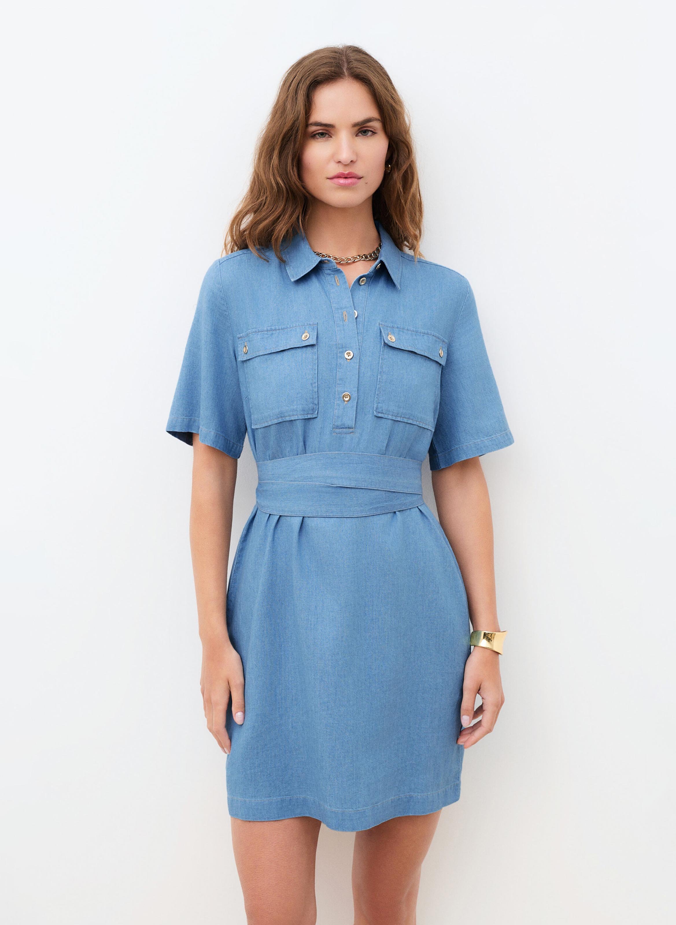 Short cotton-blend dress with classic collar CAROLL Blue