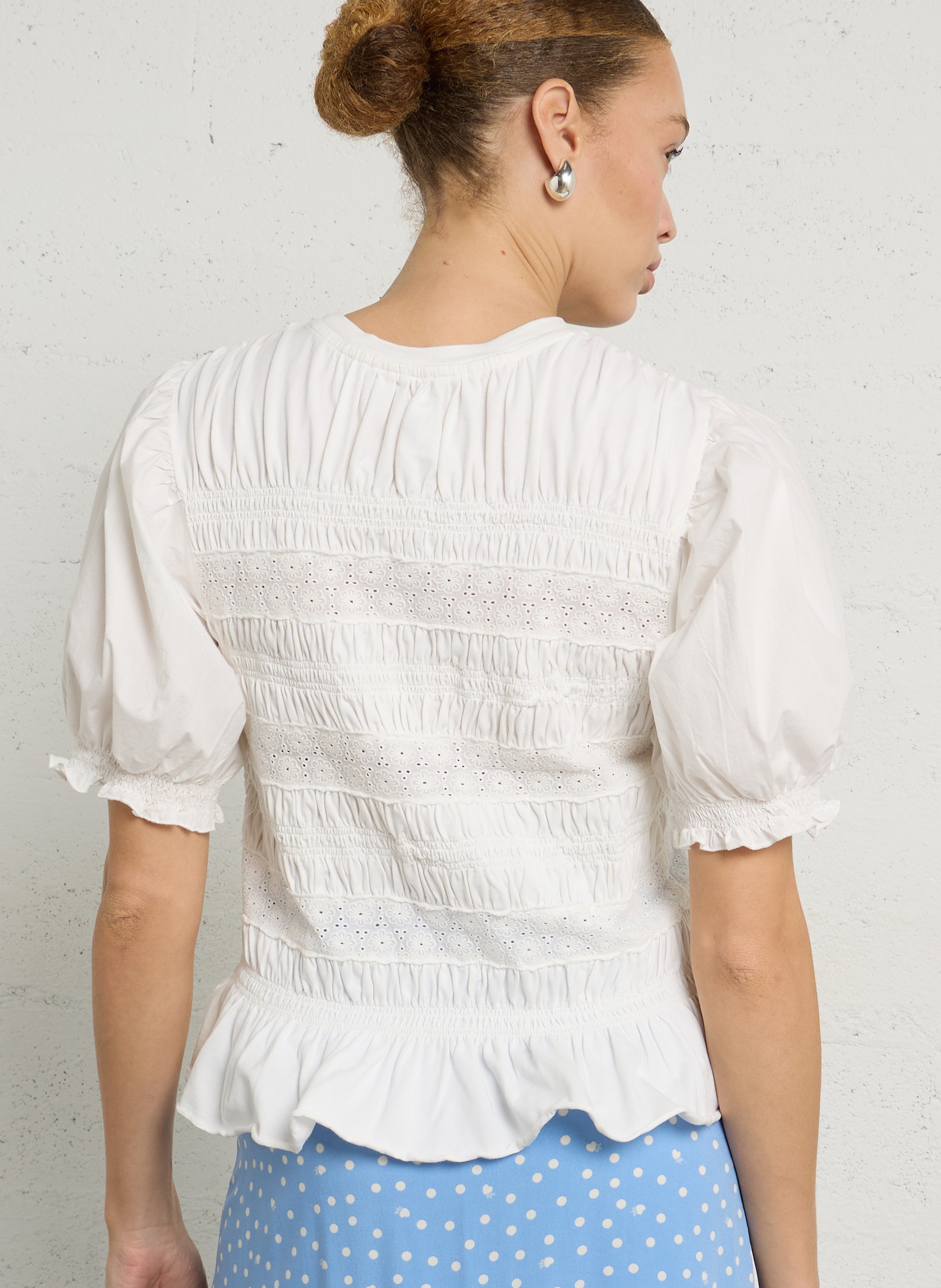 Short-sleeve smocked top with embroidery DES PETITS HAUTS Beige