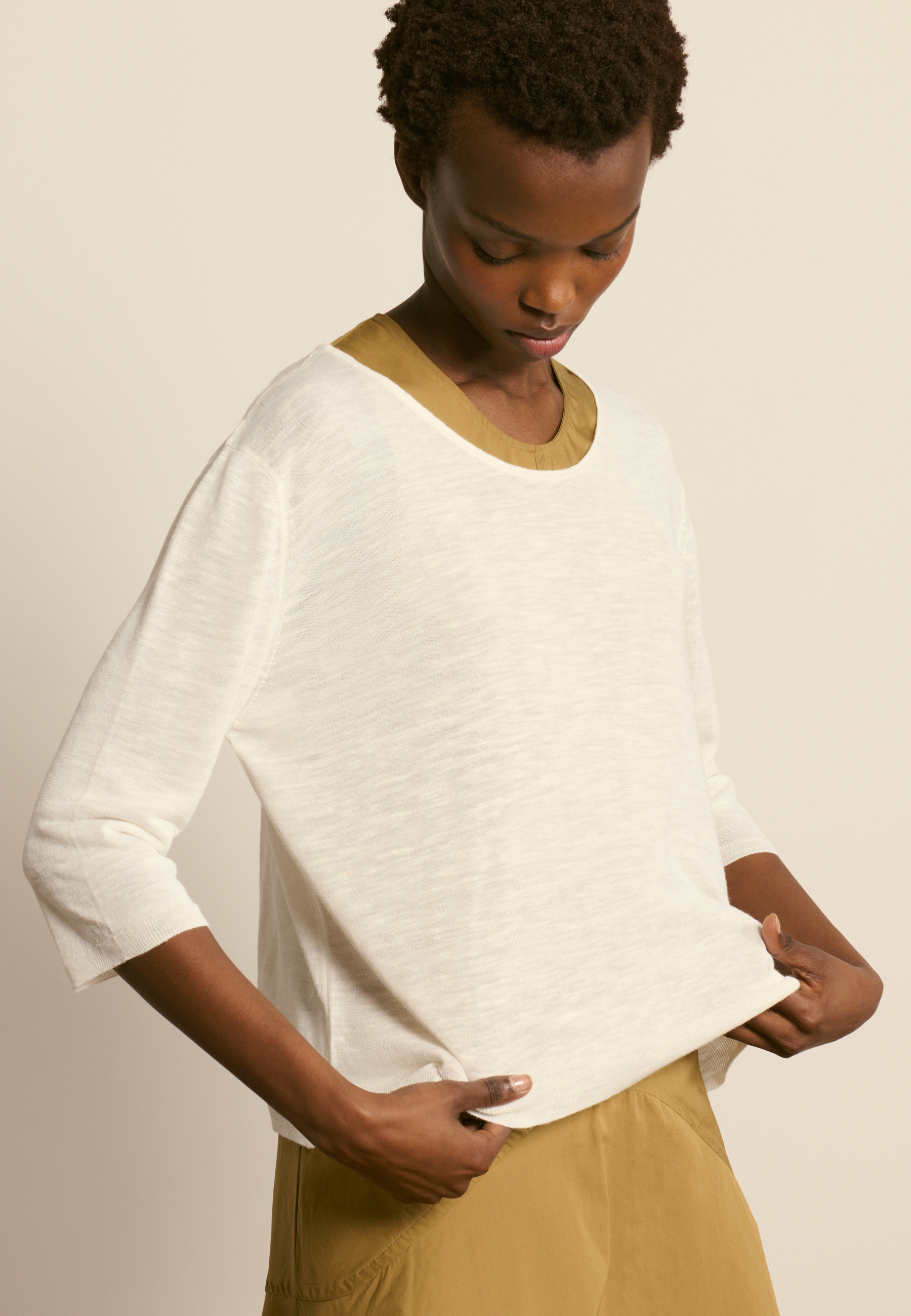 T-shirt col rond manches coudes en lin flammé MAISON MONTAGUT Blanc