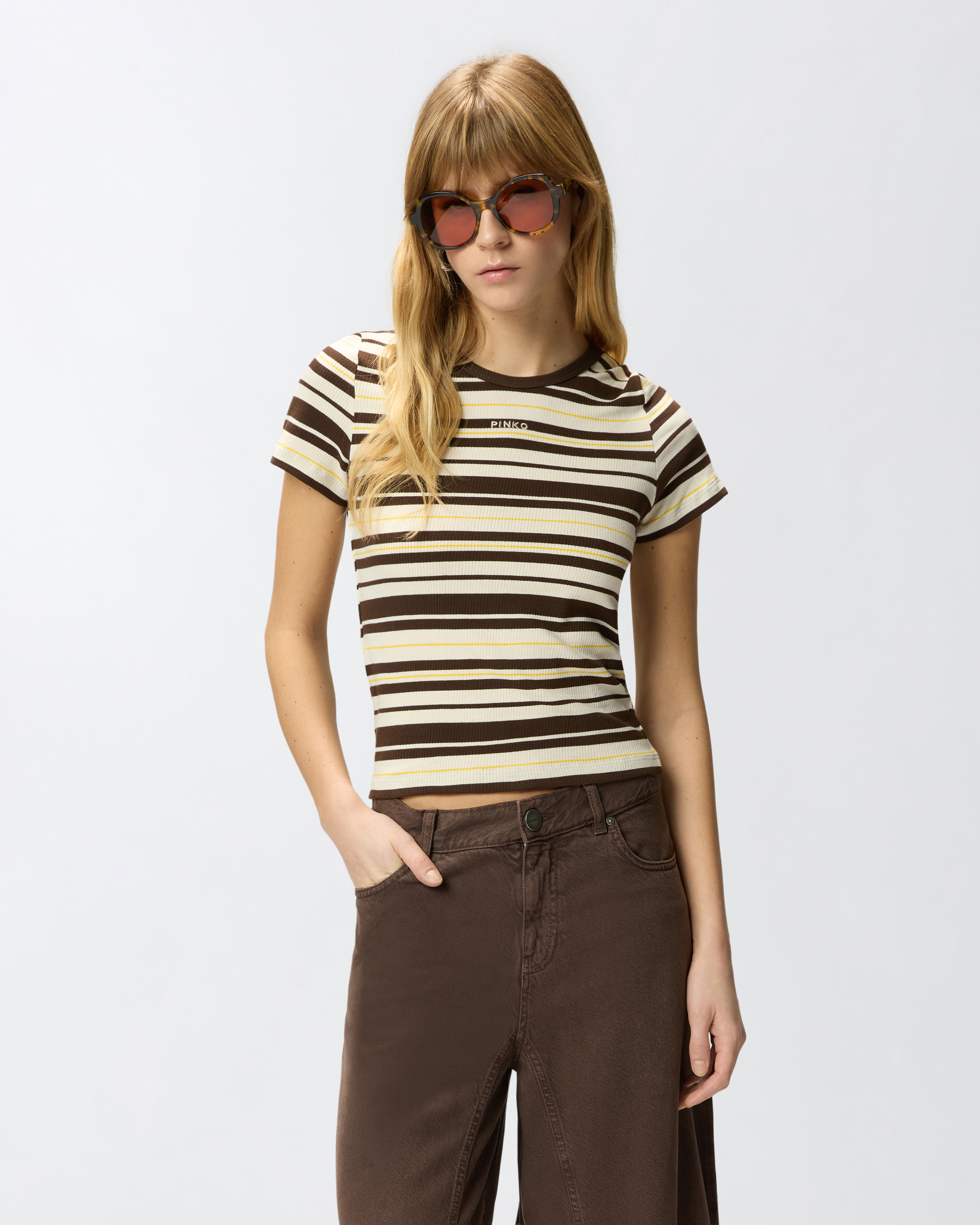T-shirt cropped à rayures et logo pinko PINKO Marron