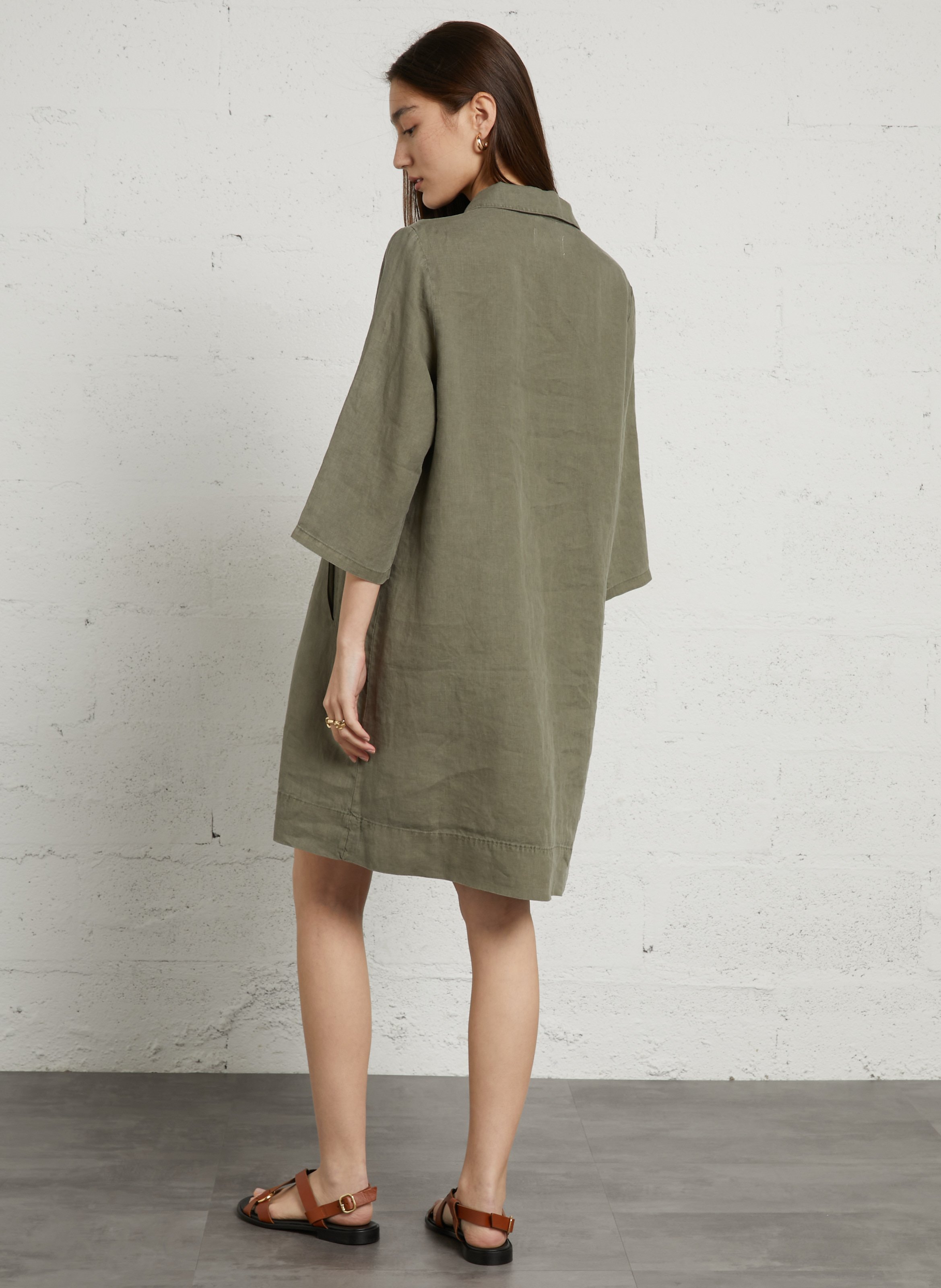 V-neck linen midi dress SUD EXPRESS Khaki