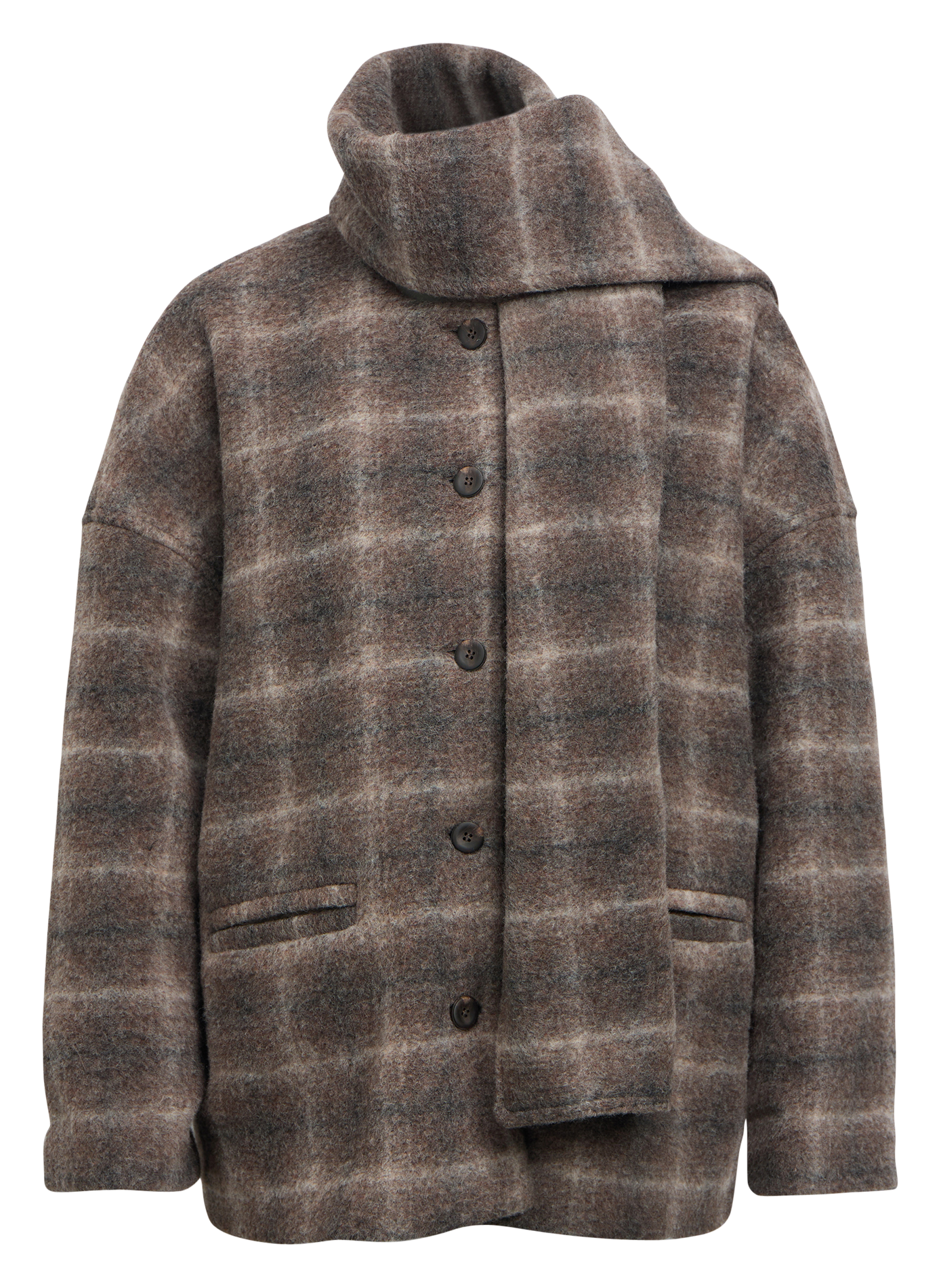 Manteau droit col rond à carreaux OBJECT Marron