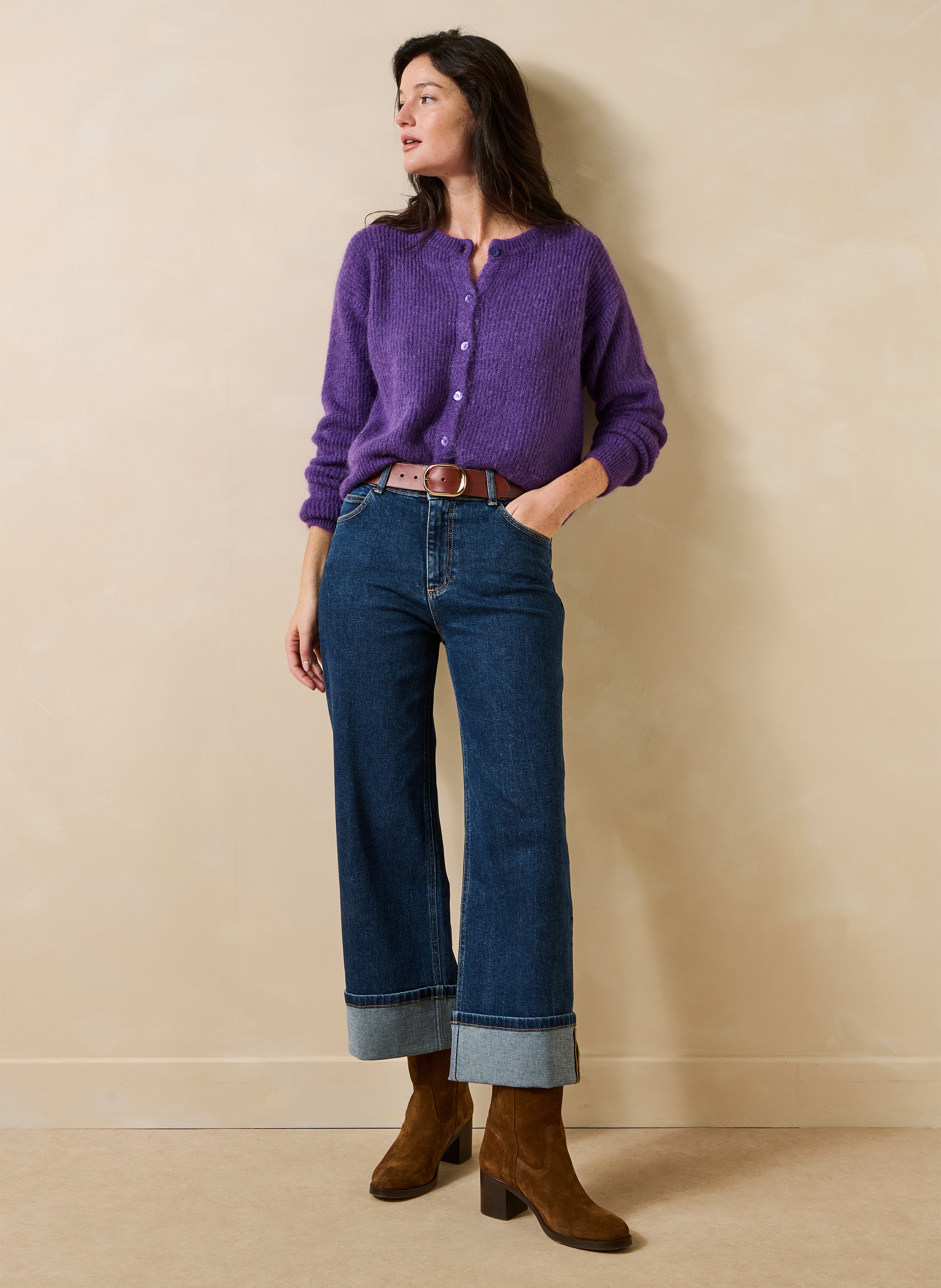 Gilet ample col rond en maille mélangée LA FEE MARABOUTEE Violet