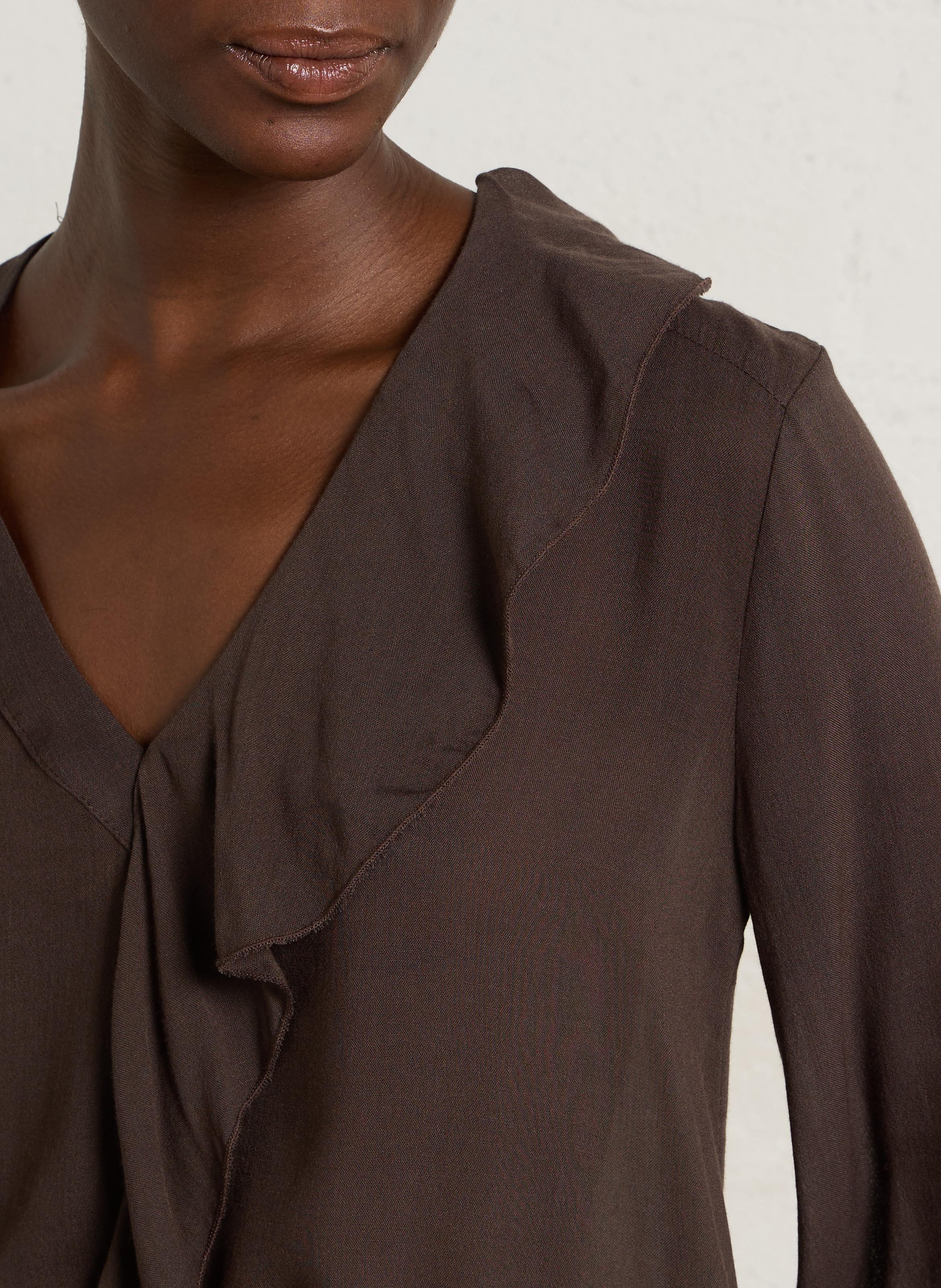 Blouse col v volantée unie PLEASE Marron