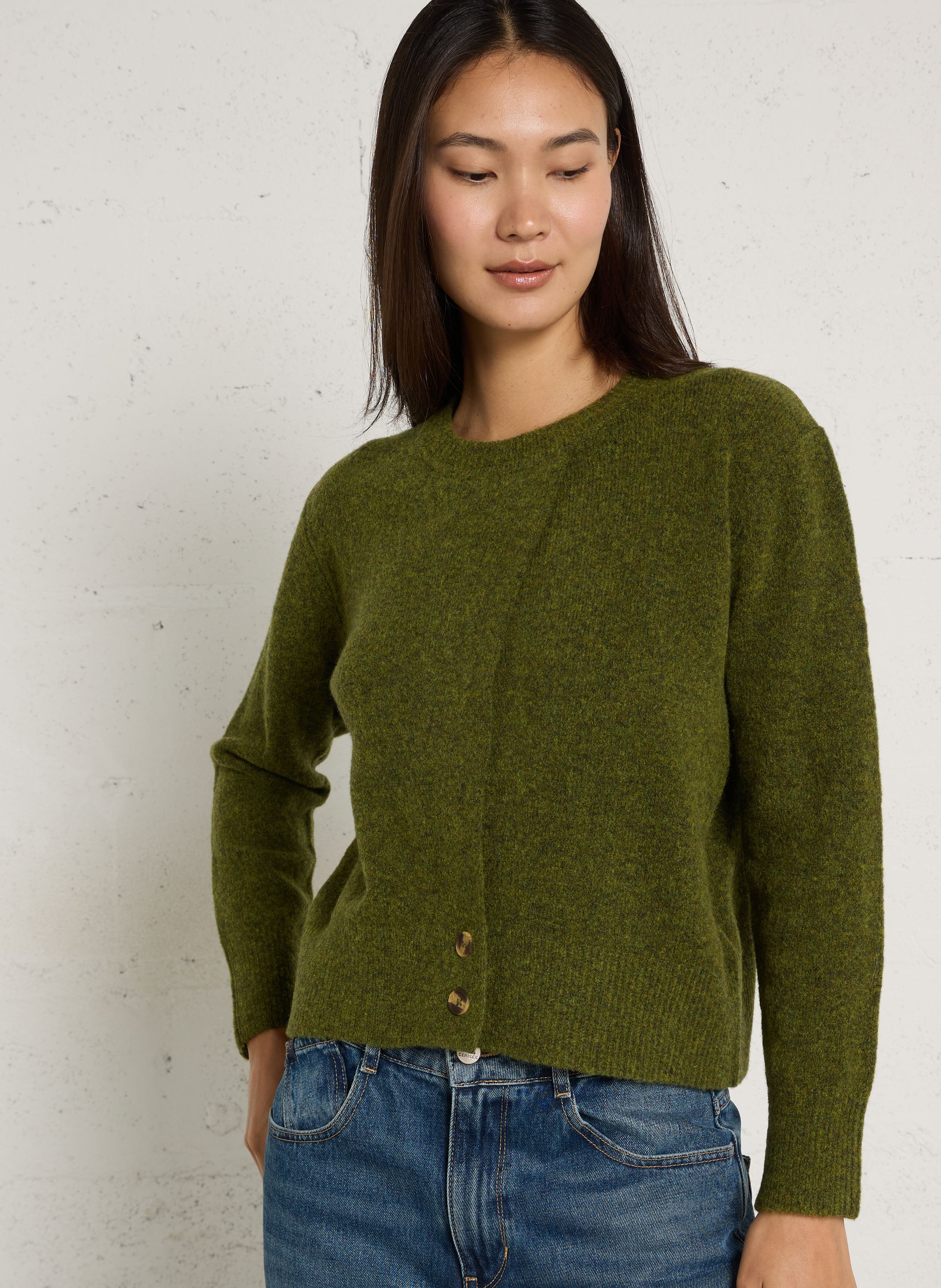 Pull col rond droit en laine mélangée NICE THINGS Kaki