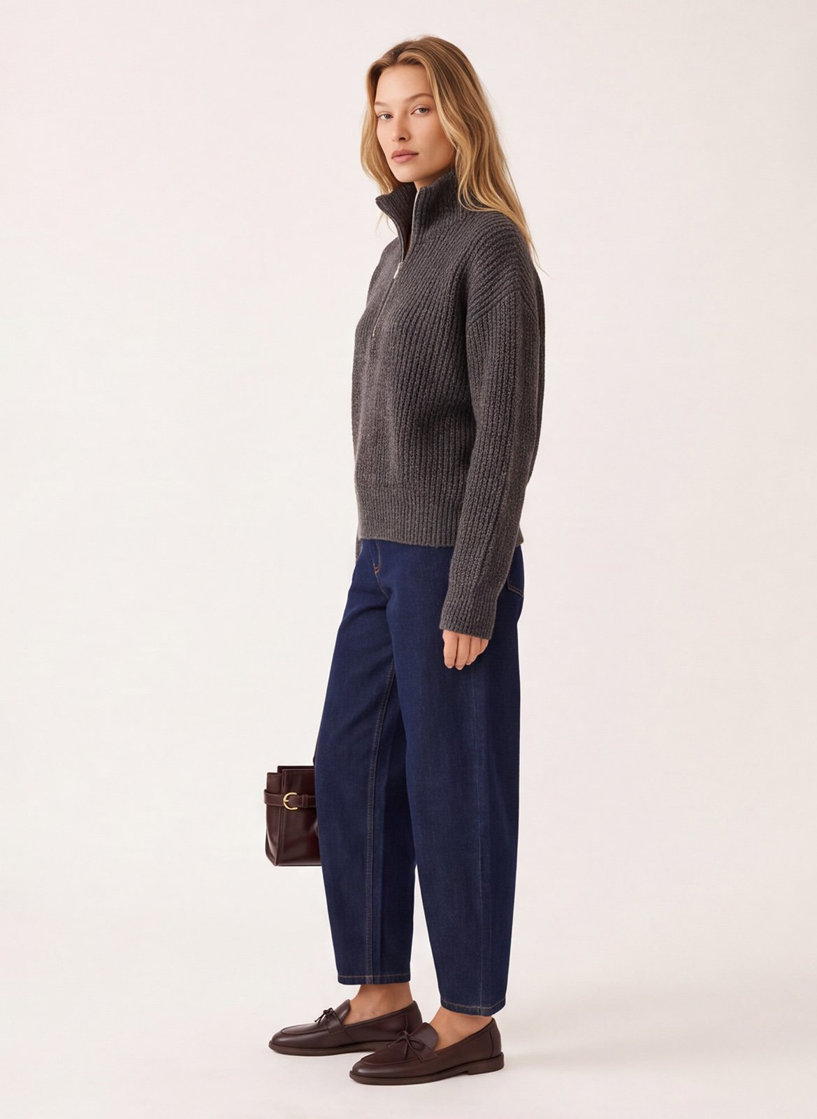 Pull droit col montant zippé en maille | Marron KOOKAI Femme