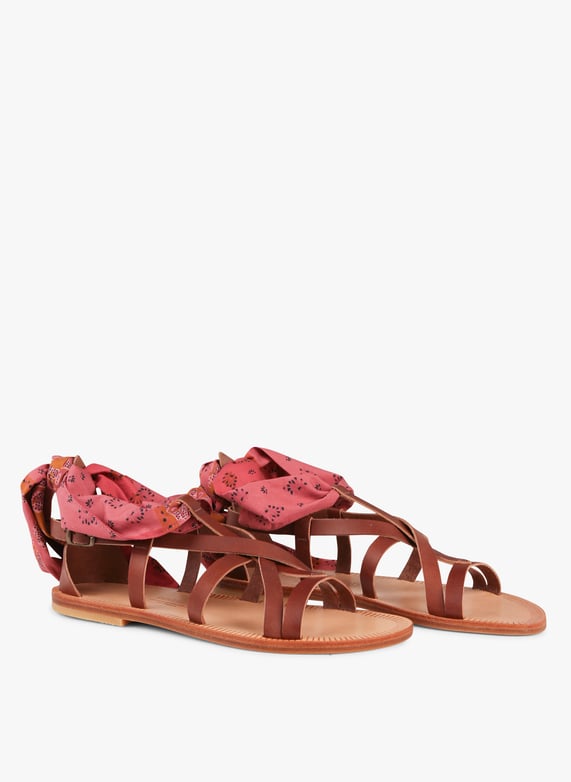 SESSUN SELENE Platte sandalen van leer en lint van poplin katoen met print Bruin