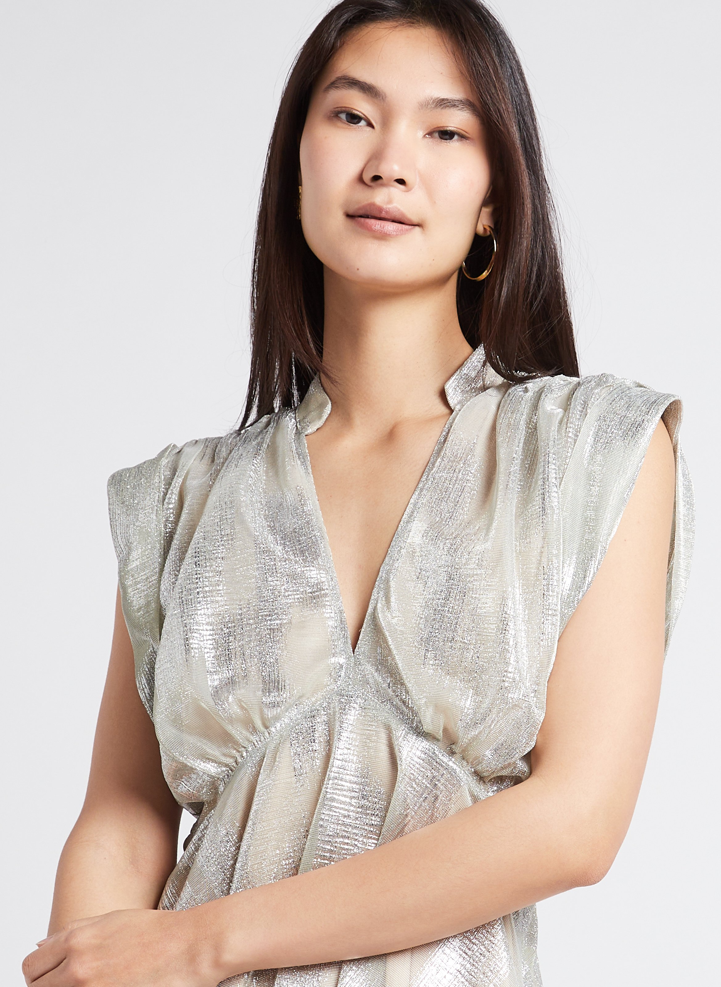 Robe courte col V jacquard métallisé  IRO Argent