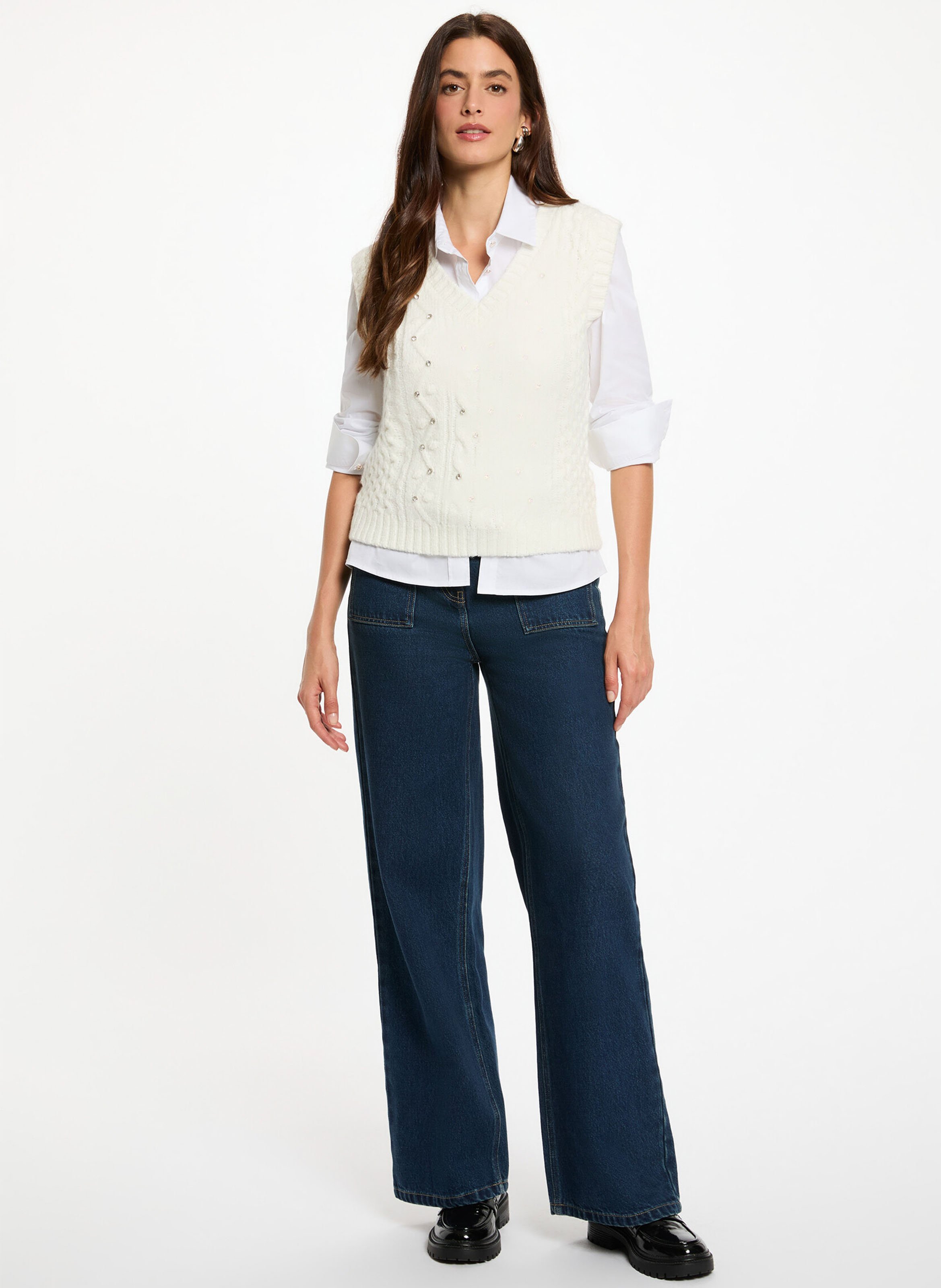 Ärmelloses Top mit Strass in Uni-Farbe Weiss