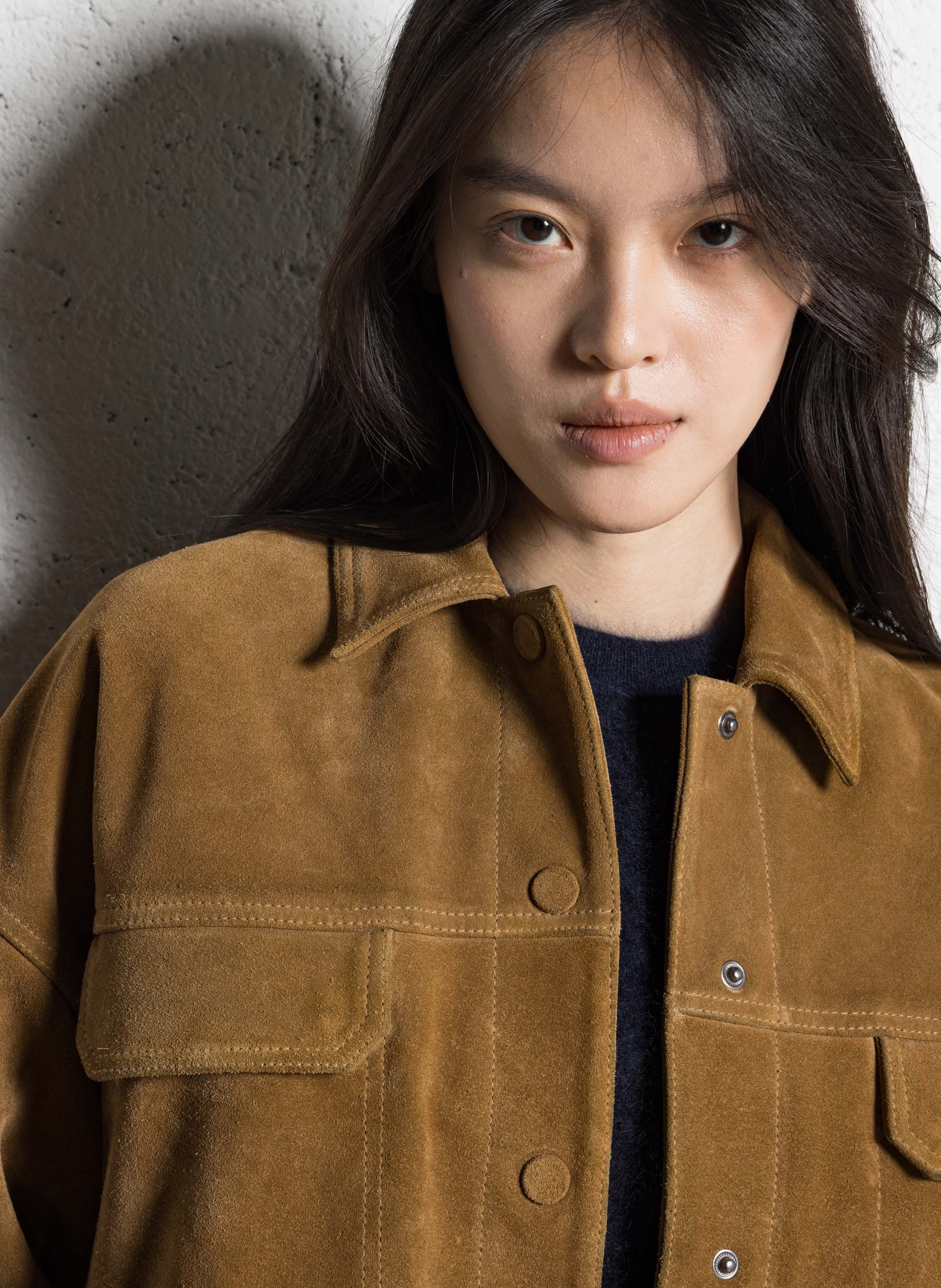 Veste oversize col classique en cuir velours IKKS Marron