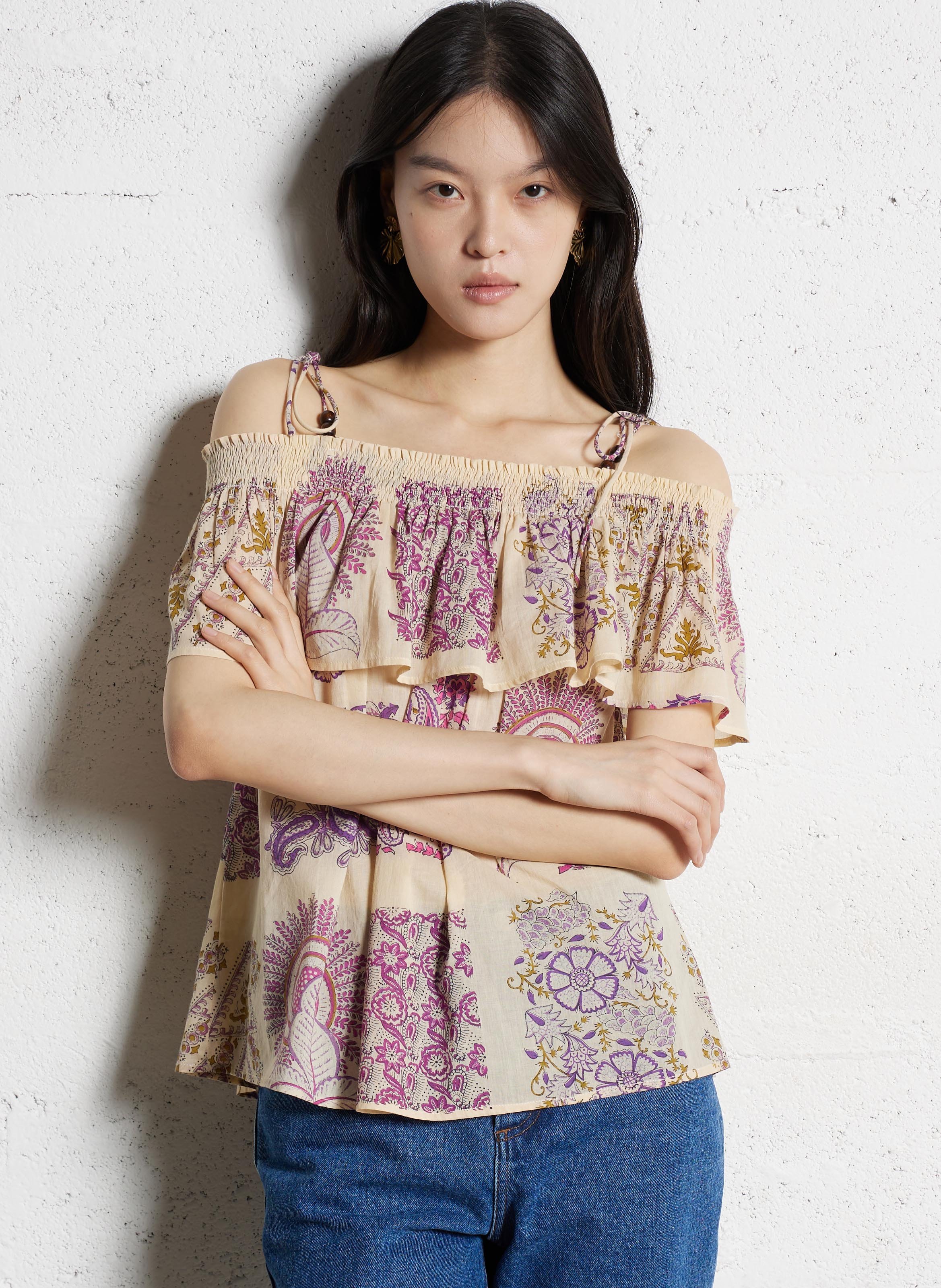 Top con spalline stampate a balze ANTIK BATIK Beige