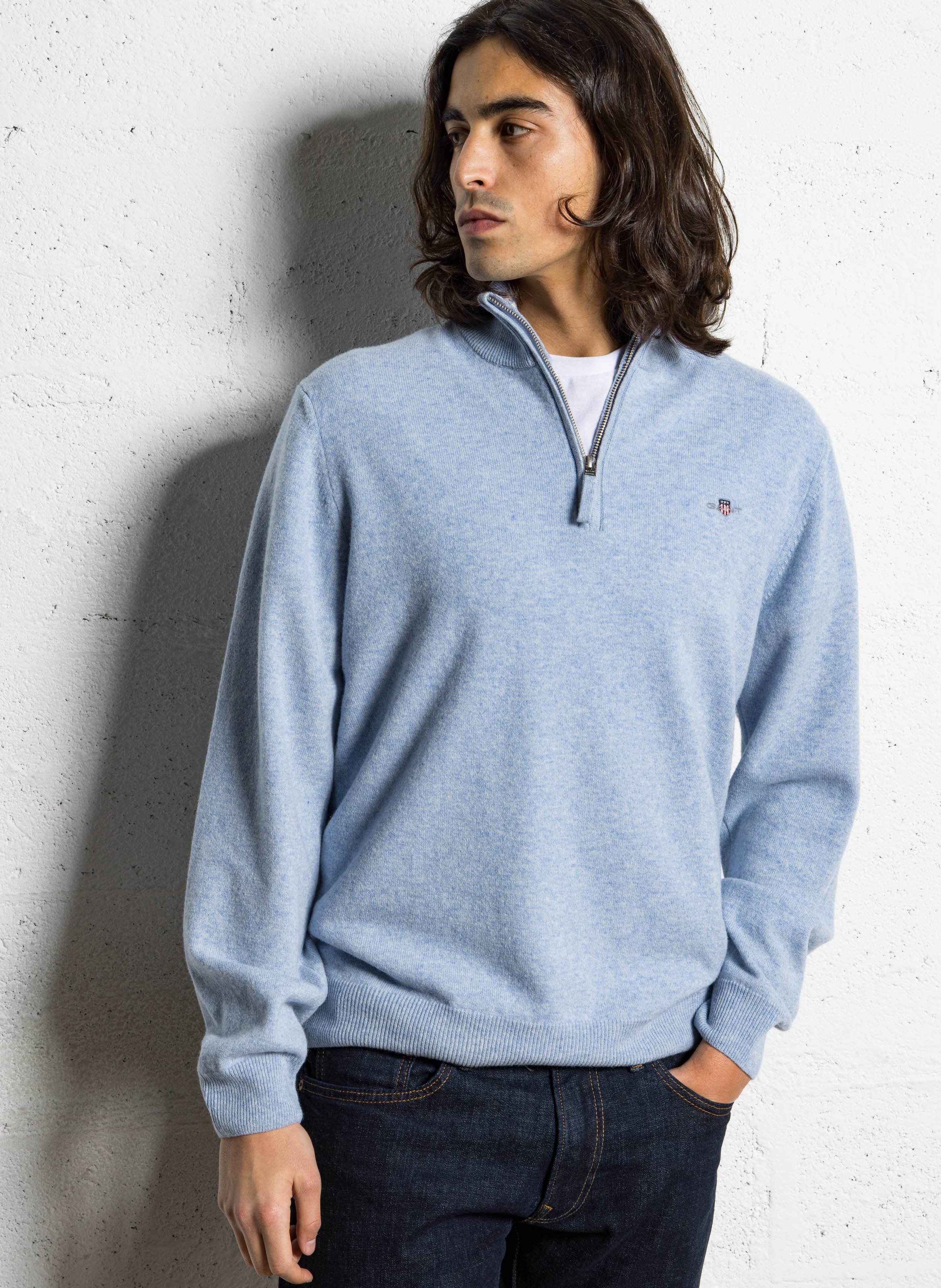 High-neck wool sweater with zip GANT Blue