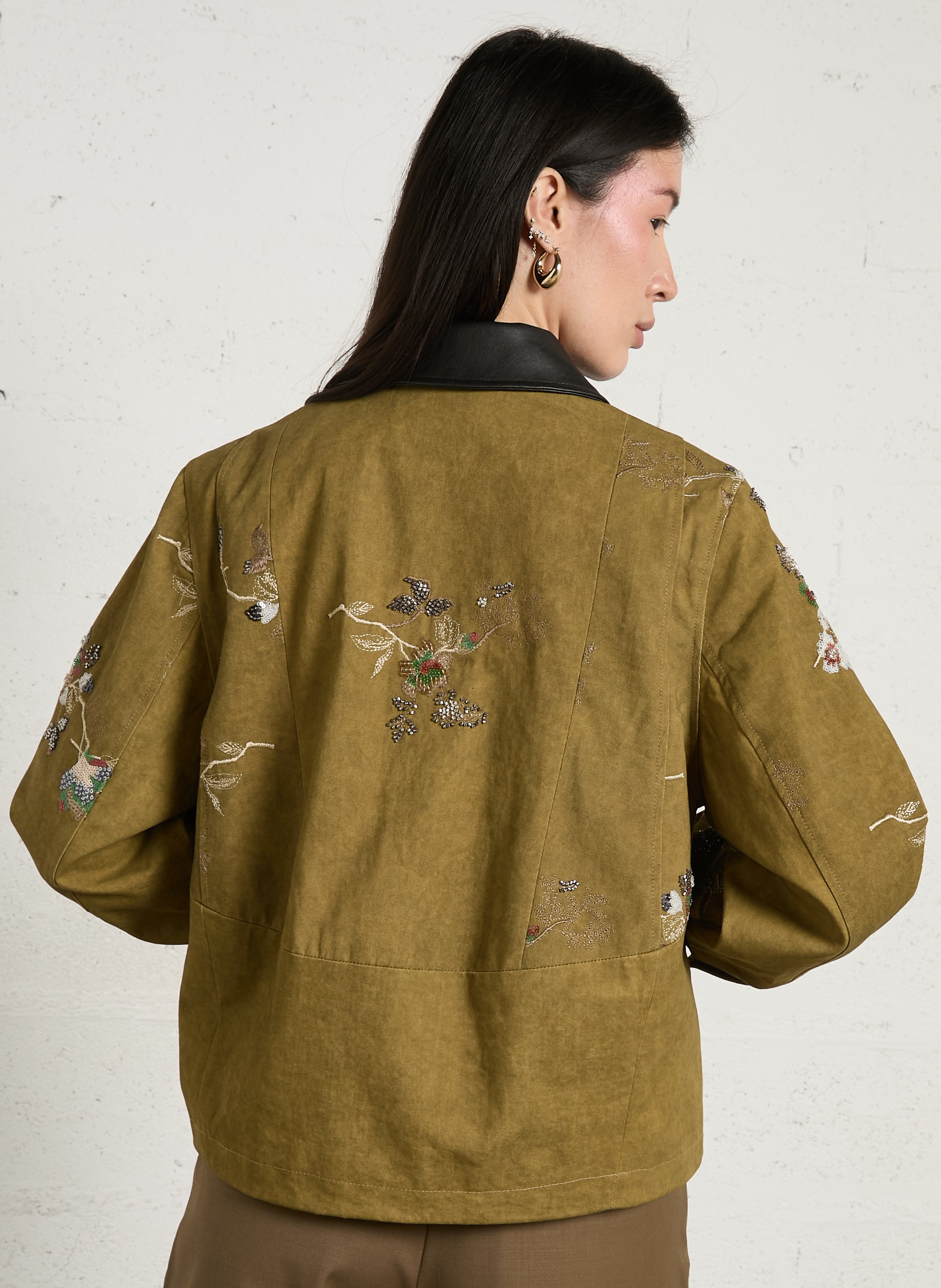 Oversized jacket with classic collar embellished with sequins and pearls in cotton. BERENICE Khaki