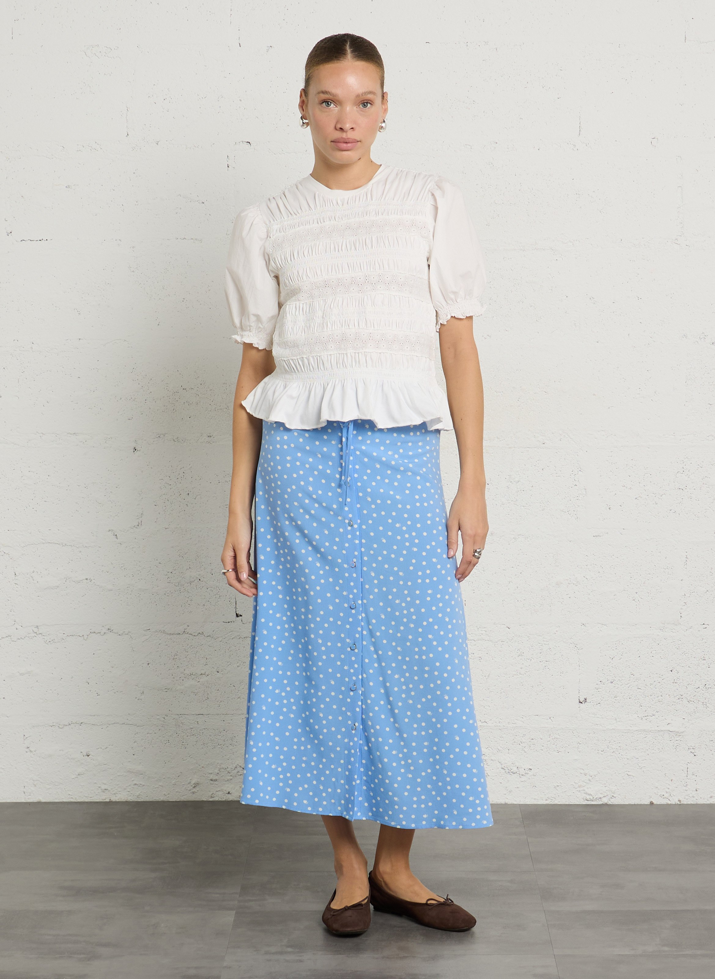 Short-sleeve smocked top with embroidery DES PETITS HAUTS Beige