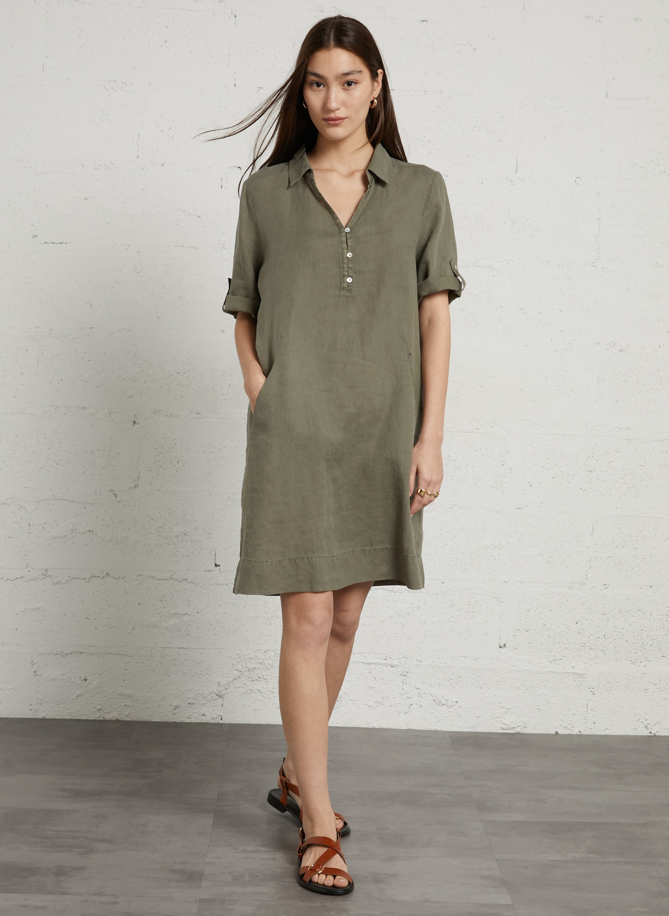 V-neck linen midi dress SUD EXPRESS Khaki