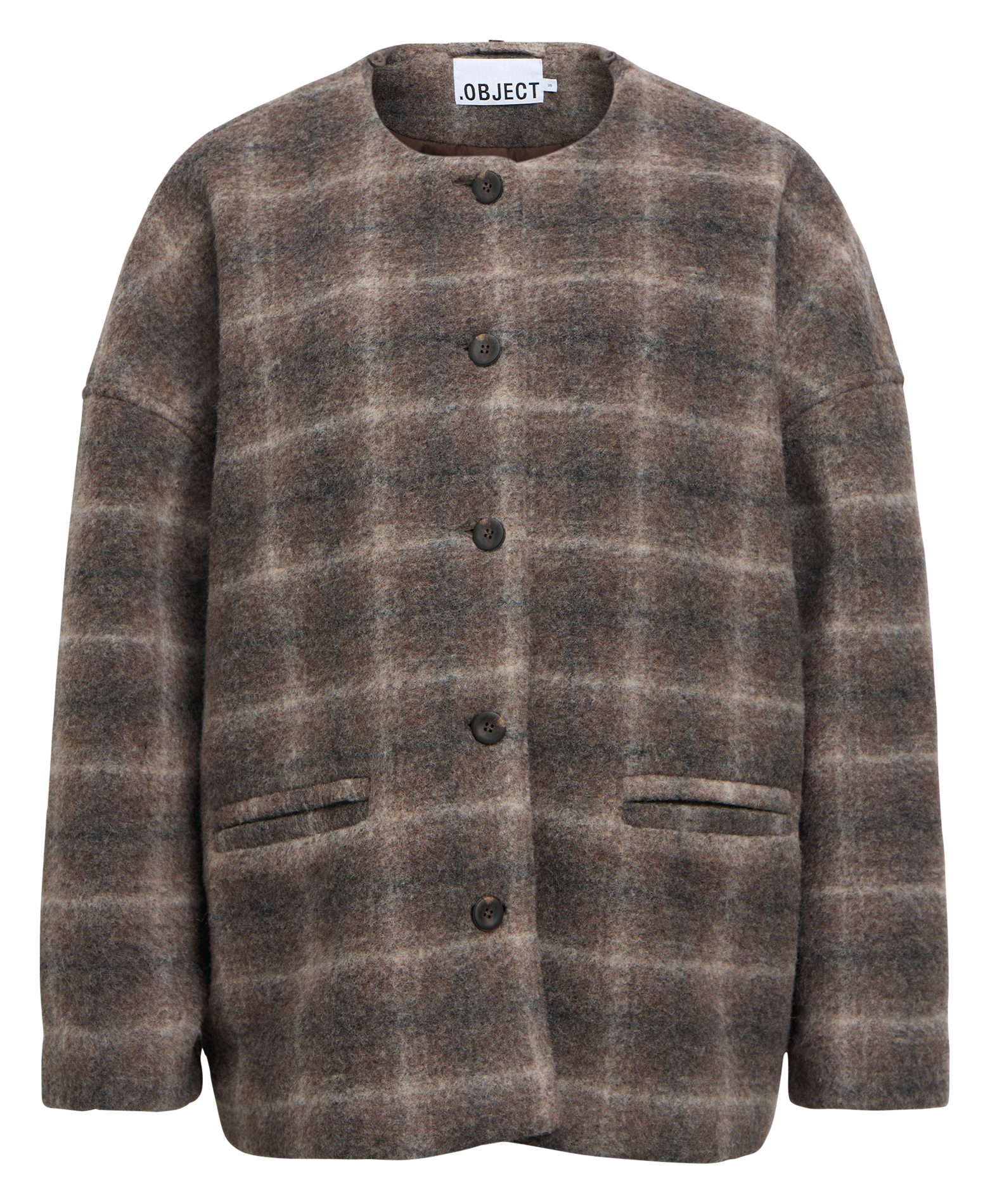 Manteau droit col rond à carreaux OBJECT Marron