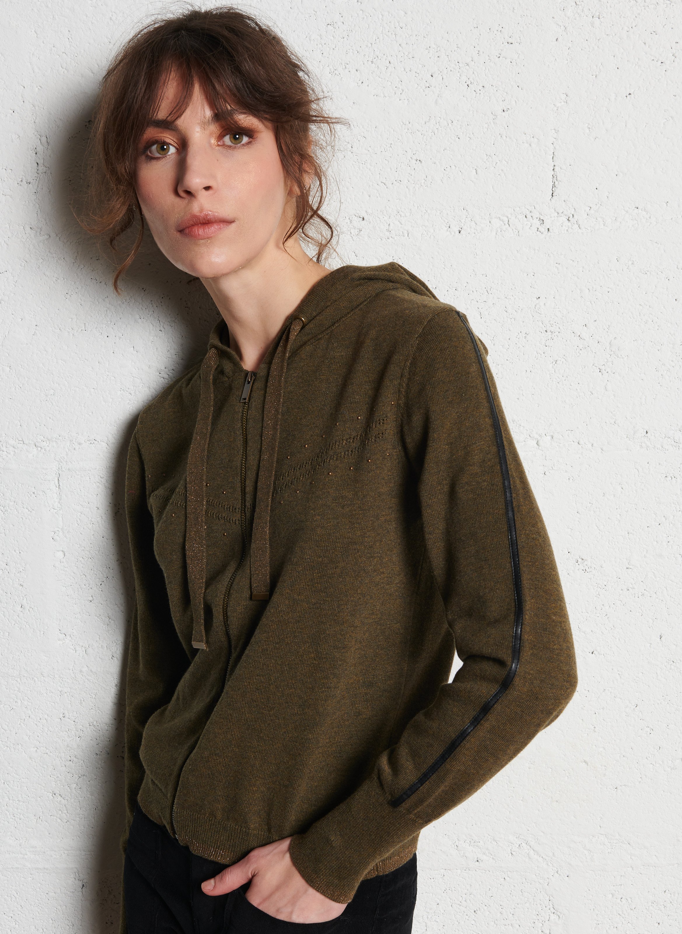 Hooded zip-up cotton cardigan ONE STEP Khaki