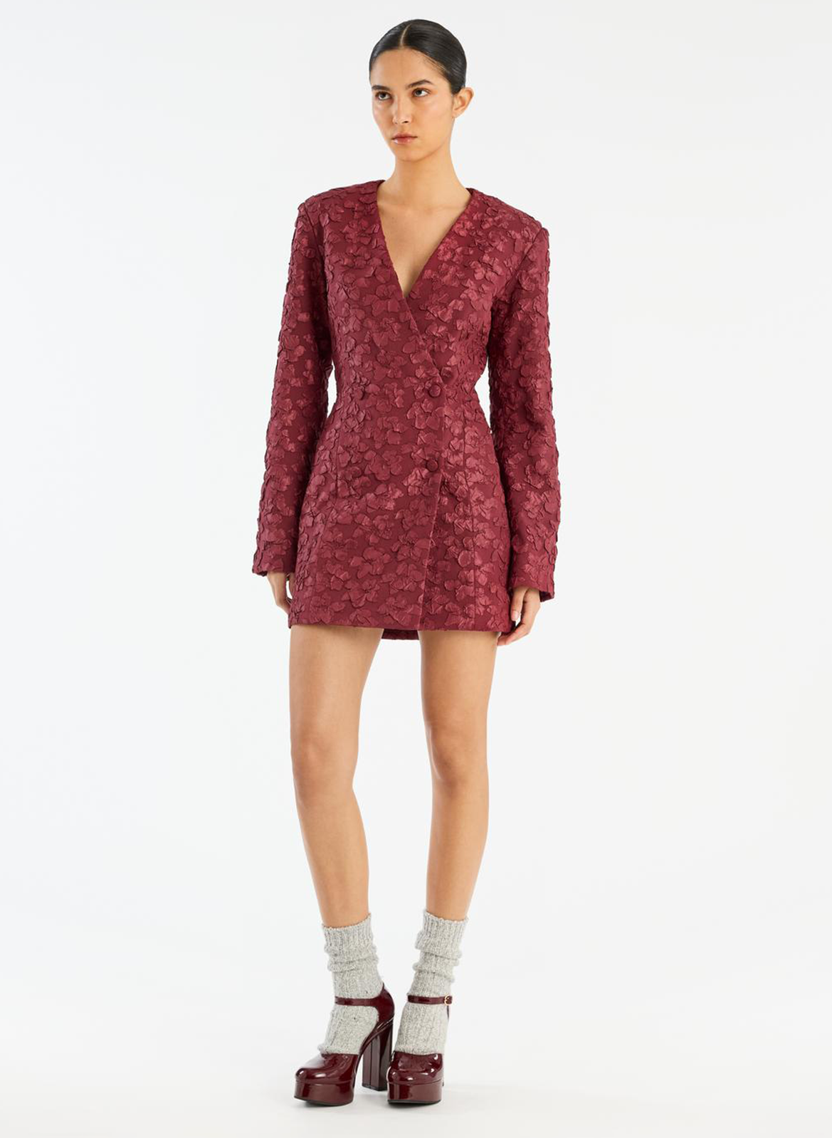 Short jacquard dress with V-neck ROTATE Brown