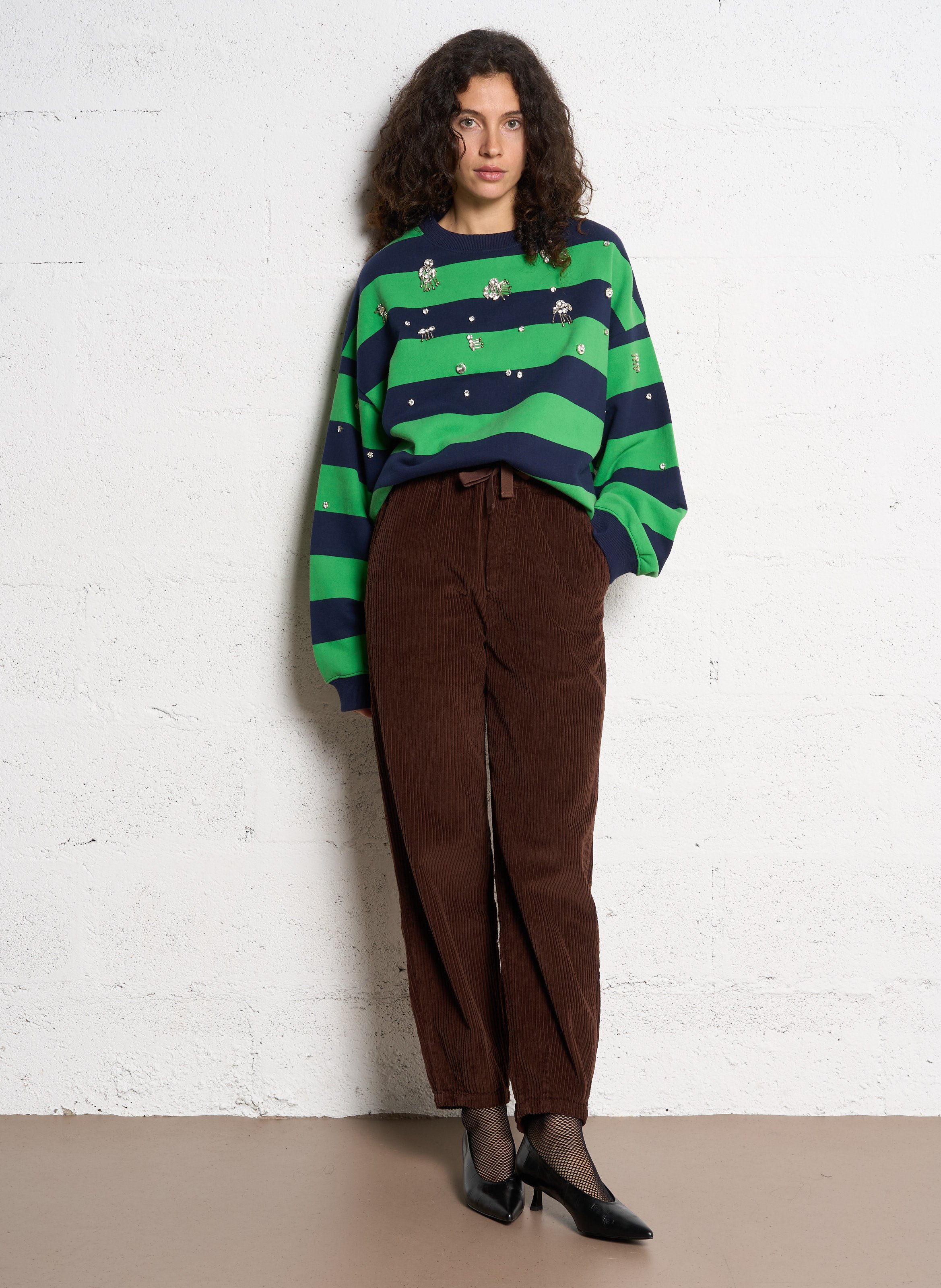 Sweat ample col rond rayé à bijoux en coton bio FABIENNE CHAPOT Bleu