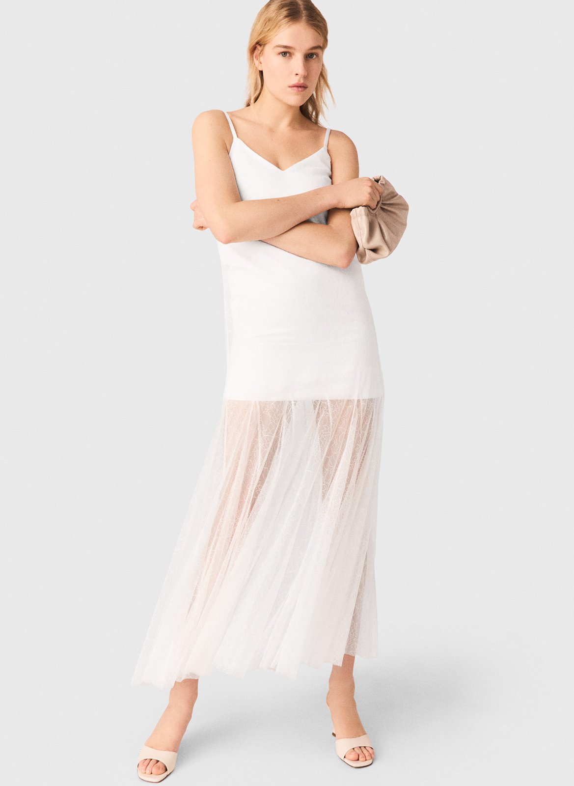 Robe longue col V voilage en dentelle MAJE Blanc