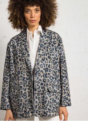Blazer Femme Imprimé Léopard - Veste Tailleur Coupe Droite Col Revers Manches Longues