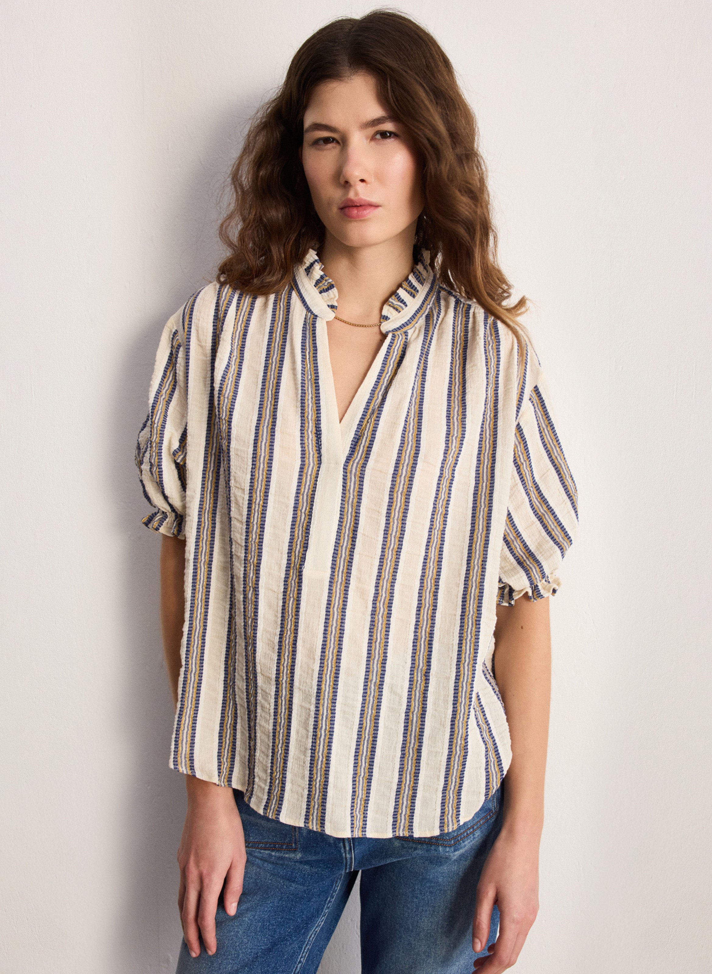 Bluse mit Stehkragen und Volants aus Baumwollmischung PABLO Beige