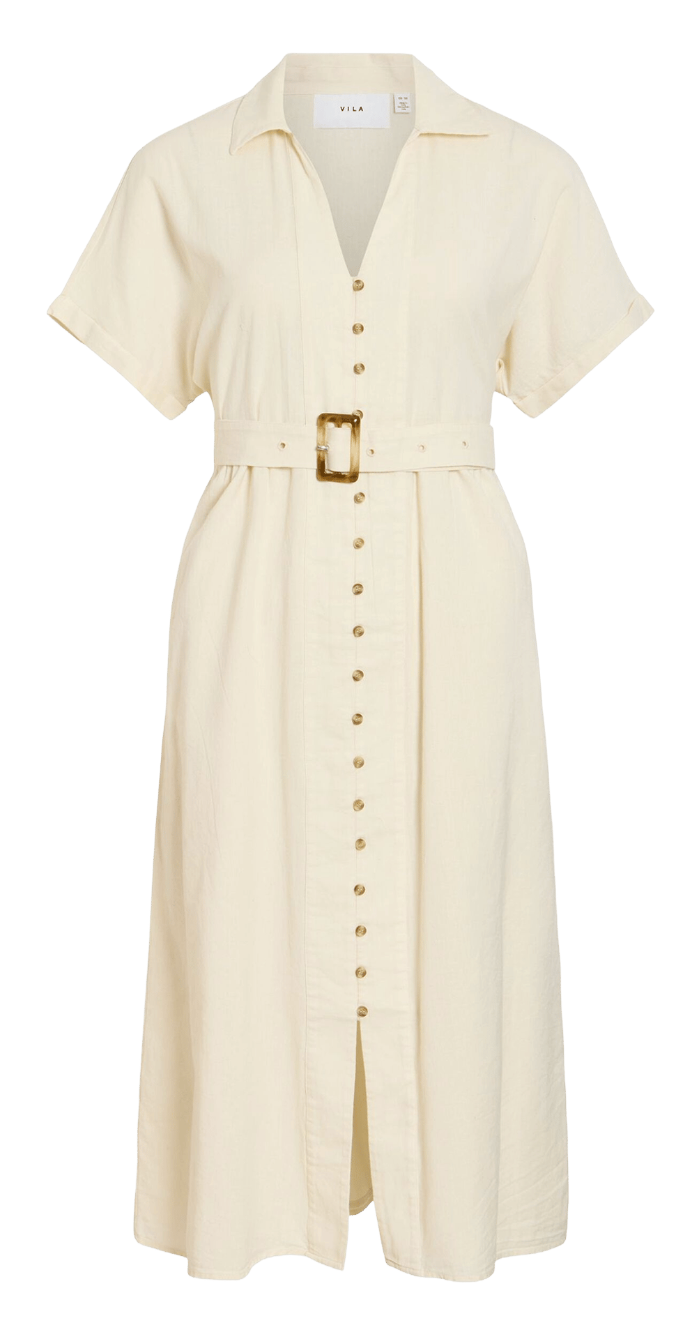 Vestido midi con cuello clásico en algodón y lino VILA Gris