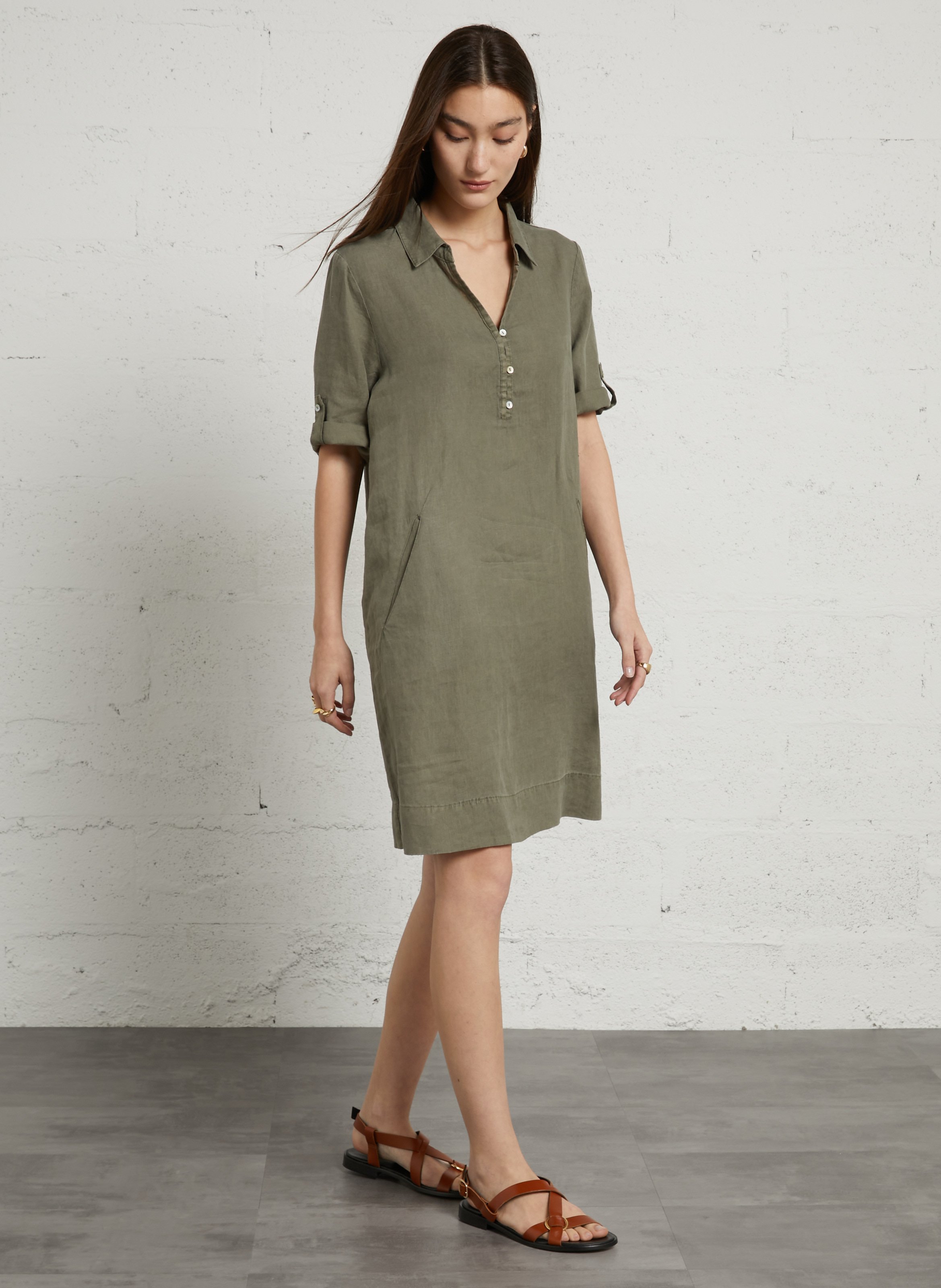 V-neck linen midi dress SUD EXPRESS Khaki