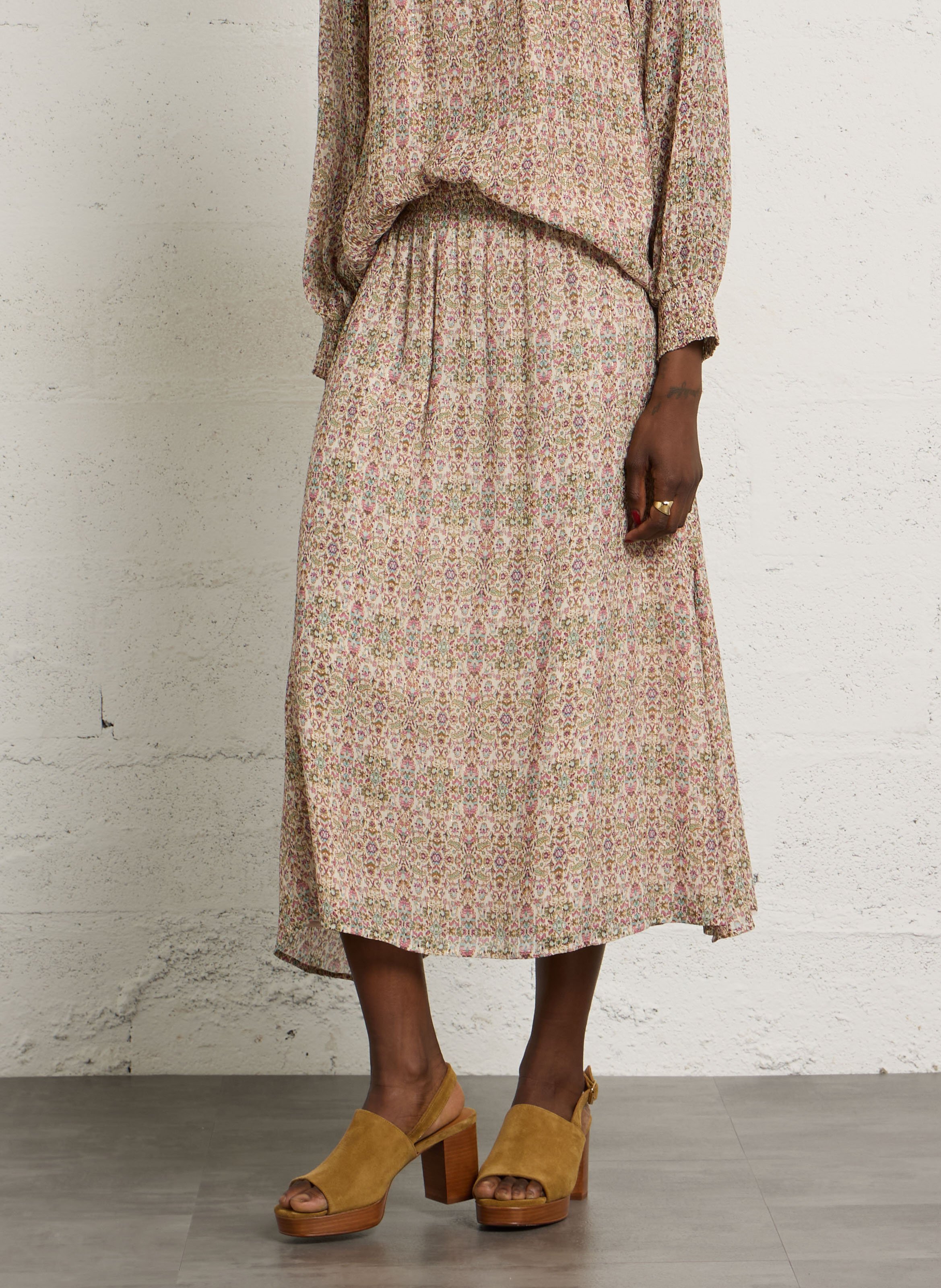 Jupe midi à imprimée en soie mélangée MAISON 123 Beige