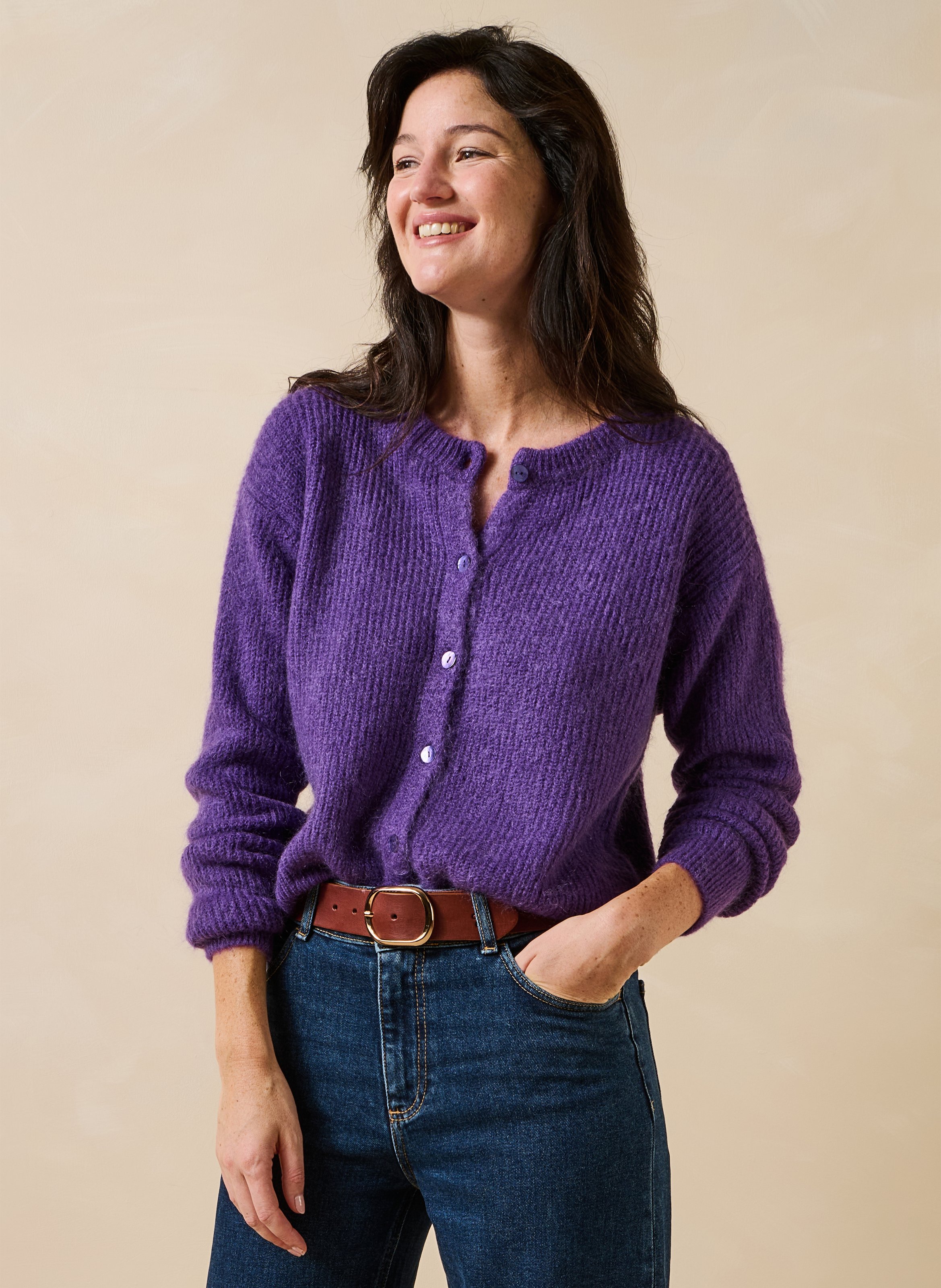 Gilet ample col rond en maille mélangée LA FEE MARABOUTEE Violet