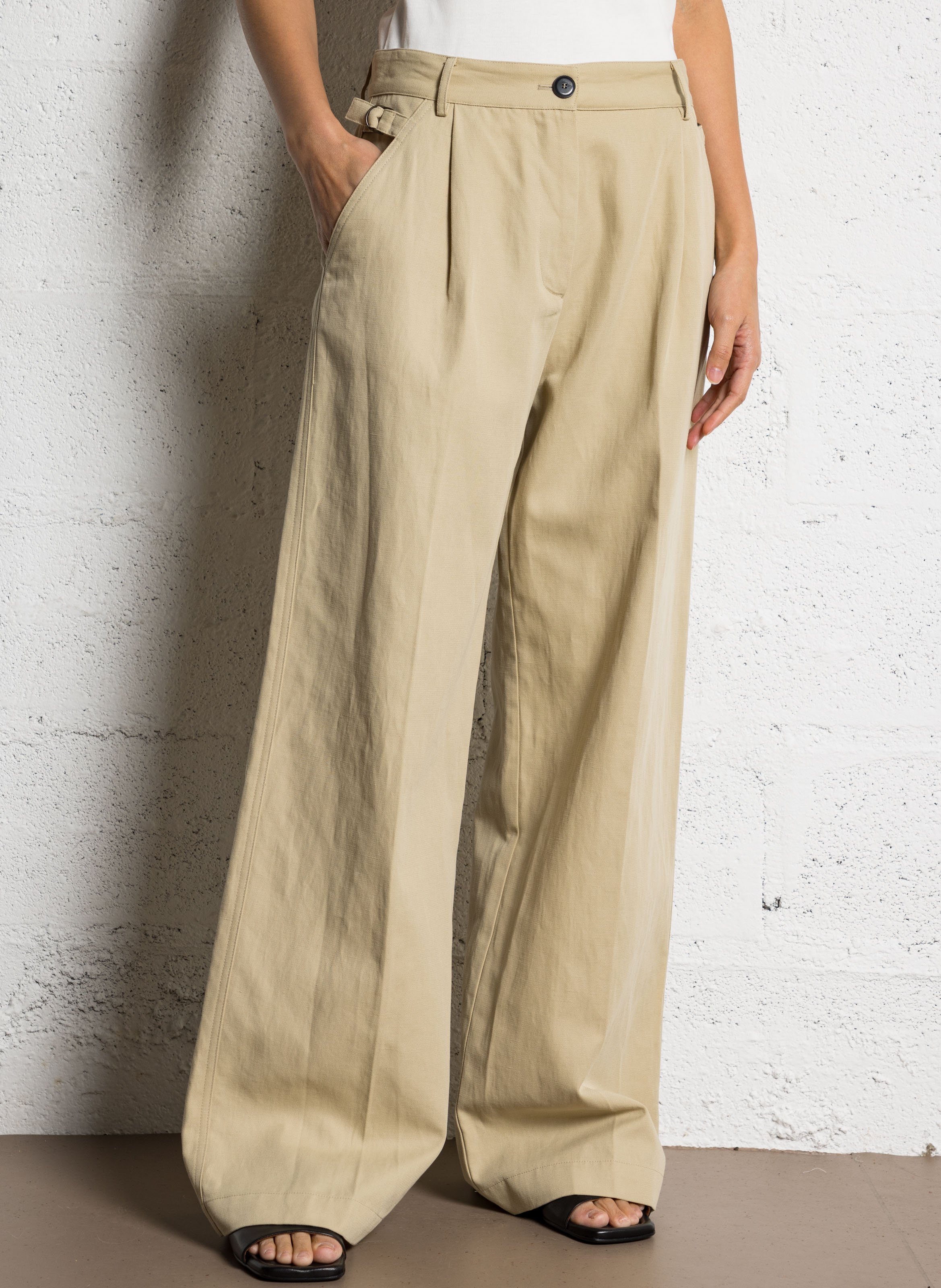 Pantalon large en coton et lin POMANDERE Beige