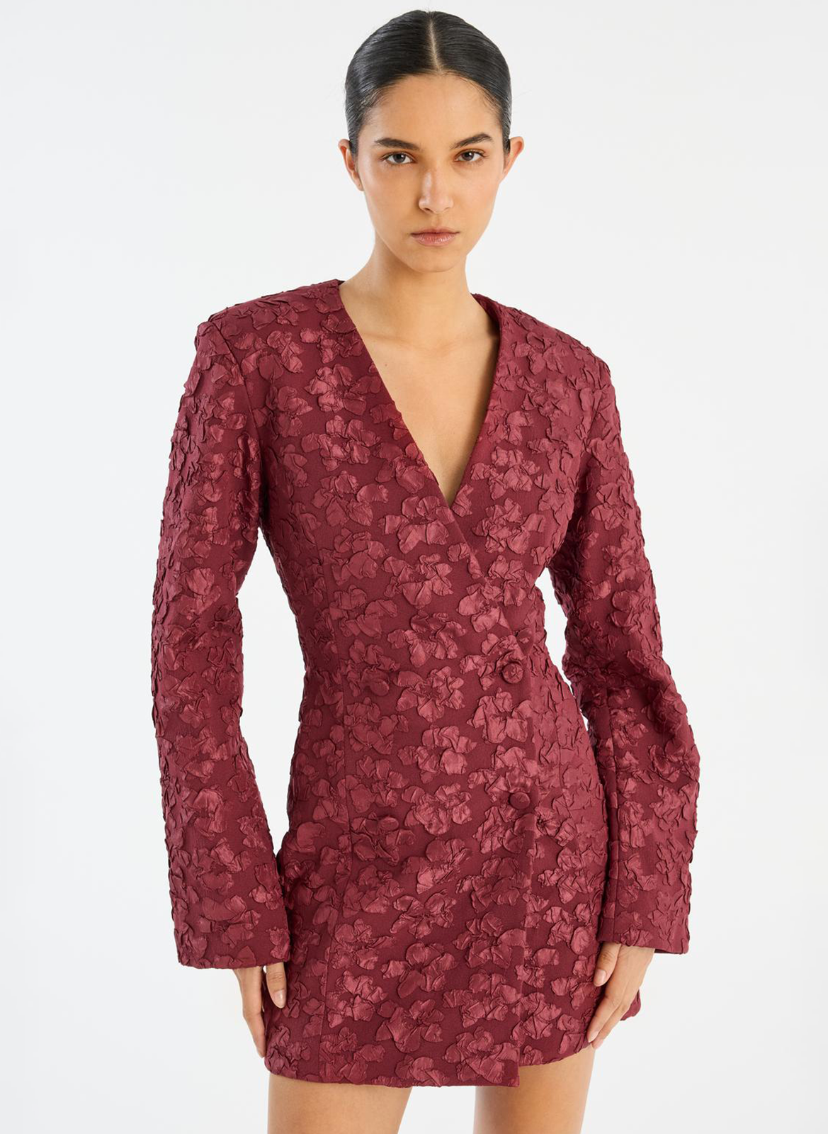Short jacquard dress with V-neck ROTATE Brown