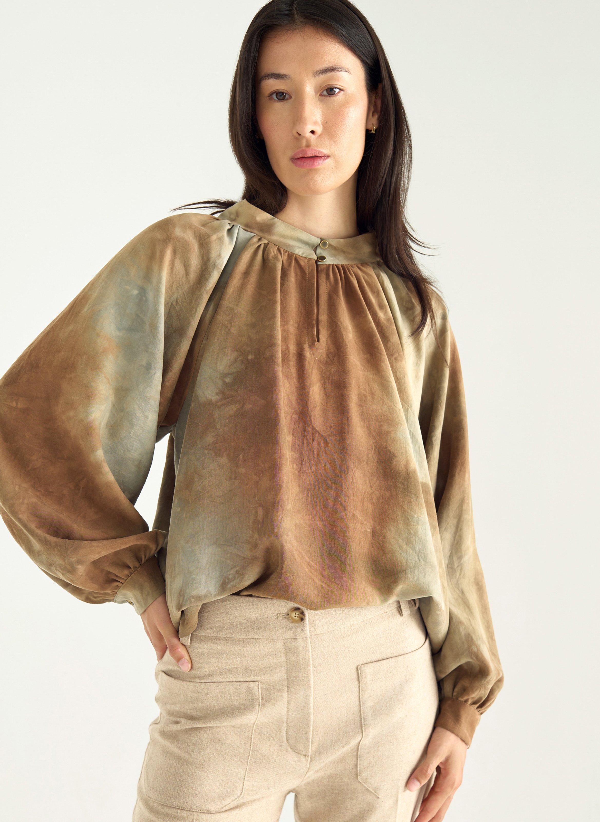 Gathered fluid blouse with pattern ACOTE Black