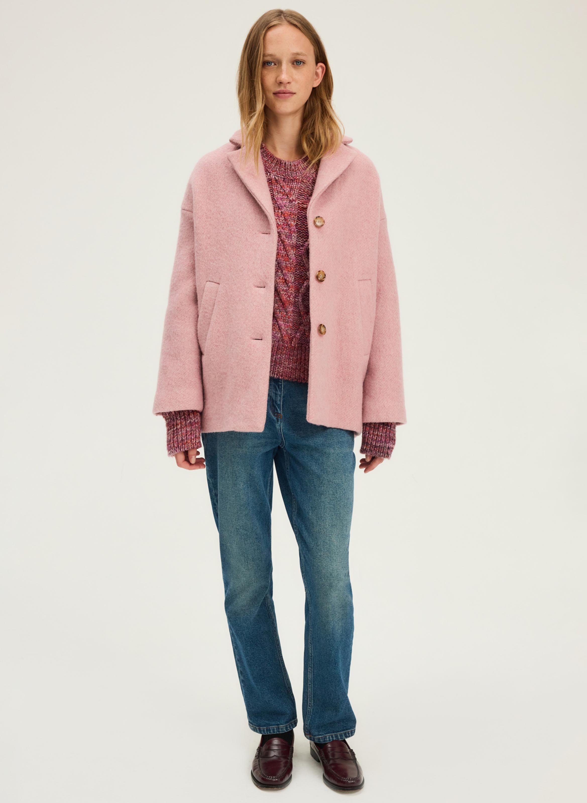 Manteau droit col tailleur en laine PABLO Rose