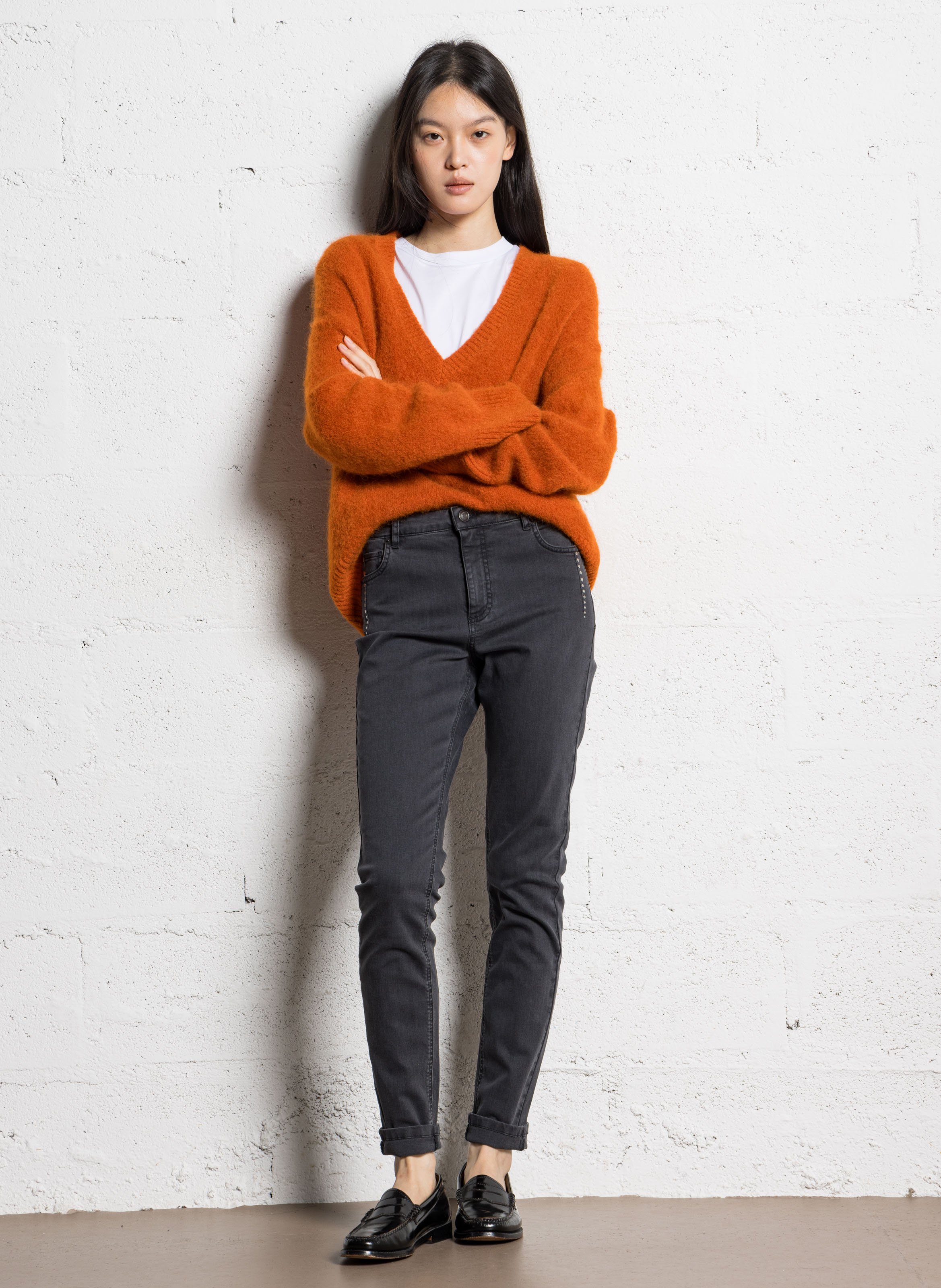 Pull droit col V en alpaga mélangé IKKS Orange