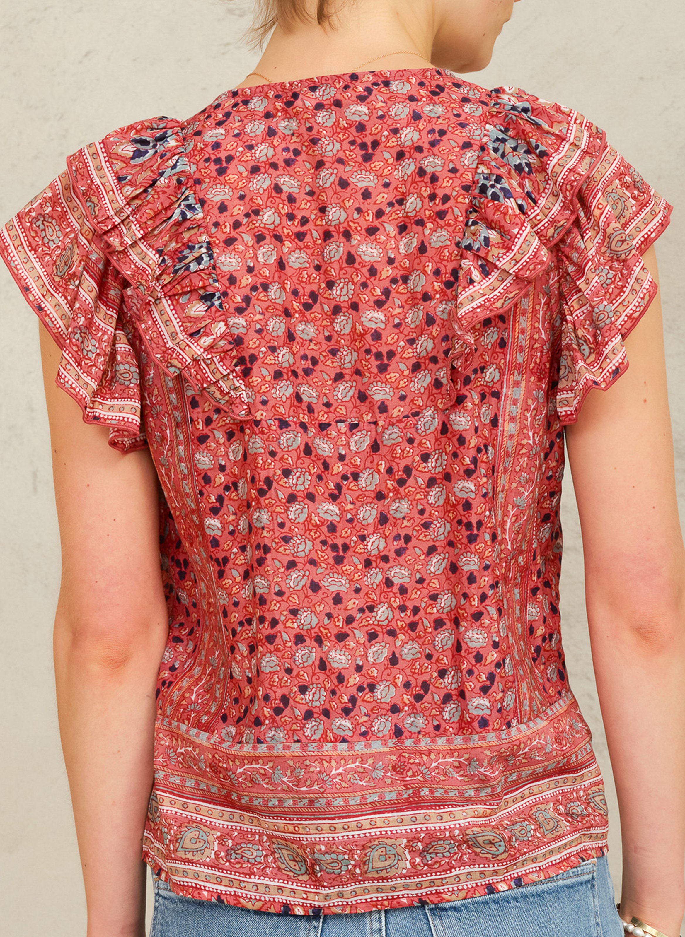 Top droit col V en coton imprimé M.A.B.E Rose