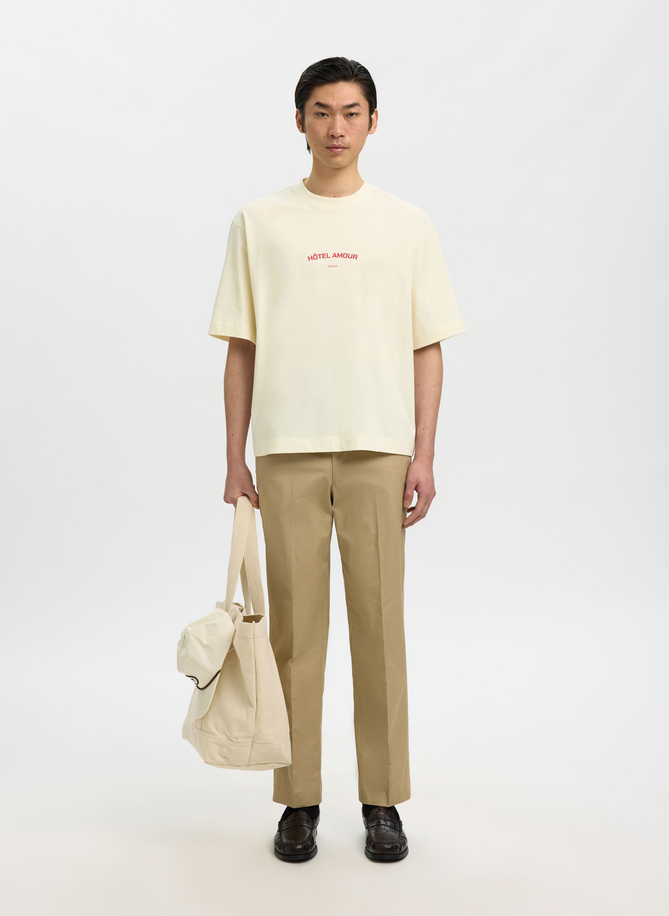 Tee-shirt col rond en coton bio SELECTED Beige