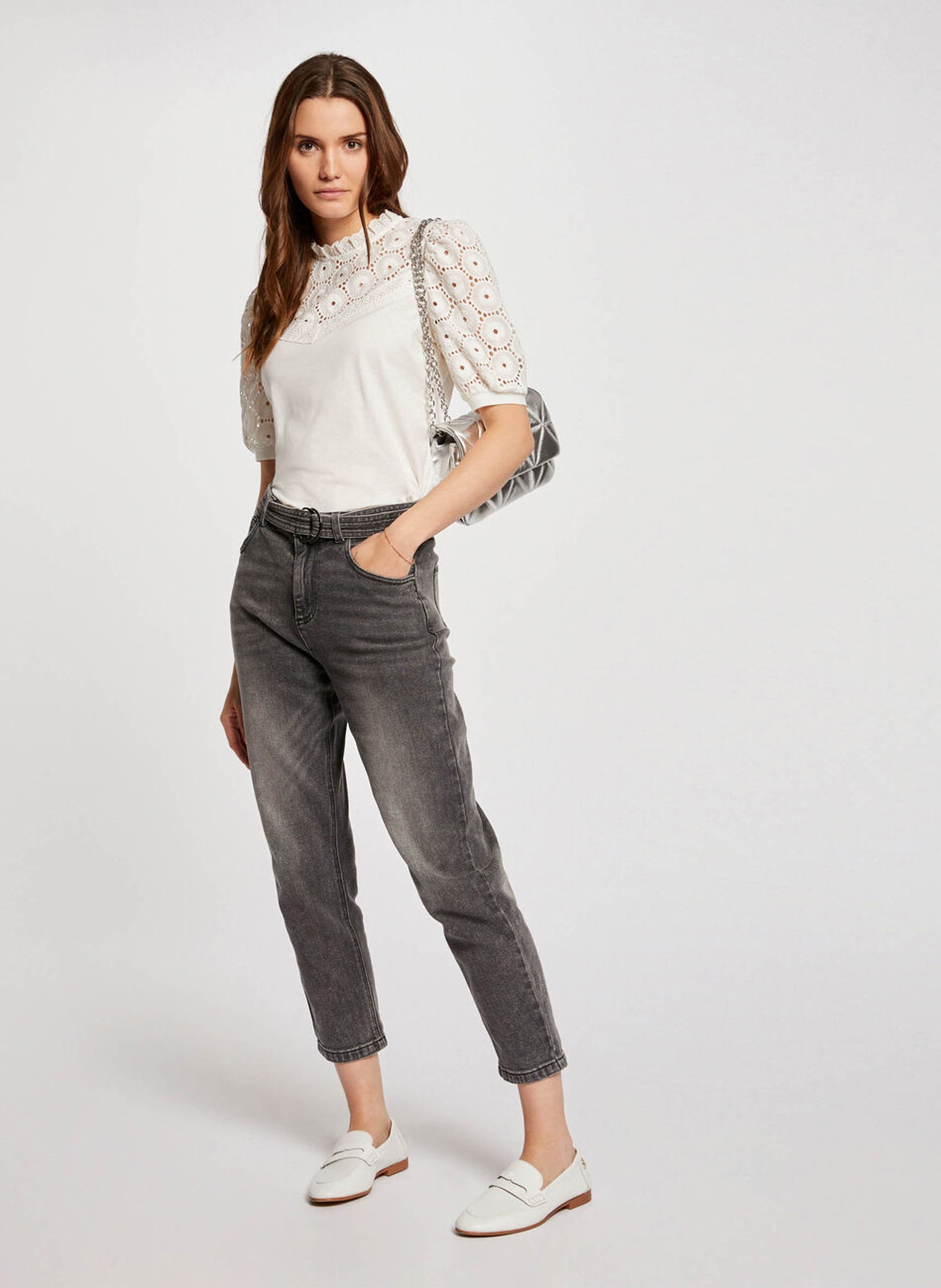 High-neck embroidered cotton top MORGAN White