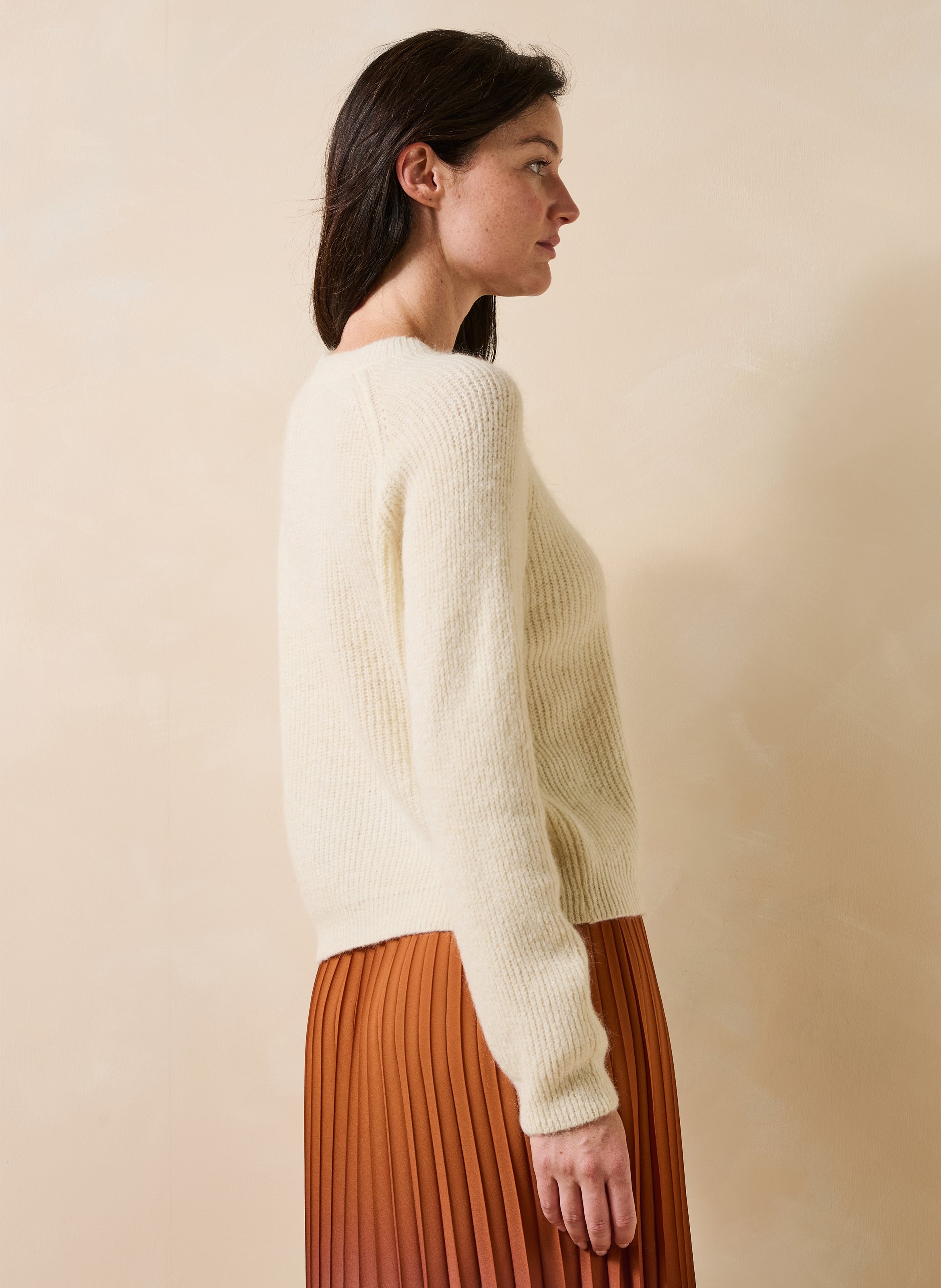 Round-neck mixed-knit straight sweater LA FEE MARABOUTEE White