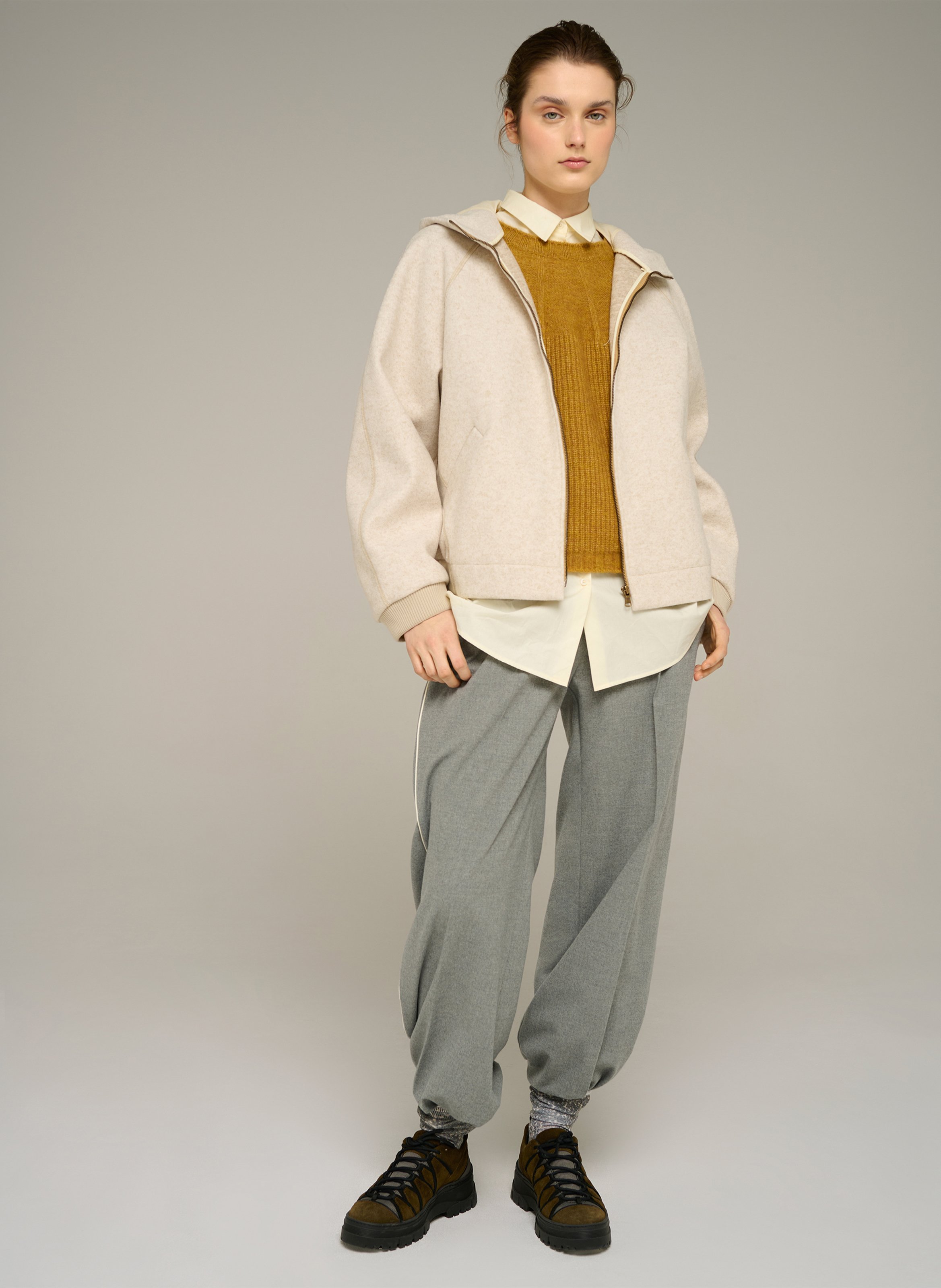 Straight high-neck zip-up hooded jacket COTELAC ACOTE Beige