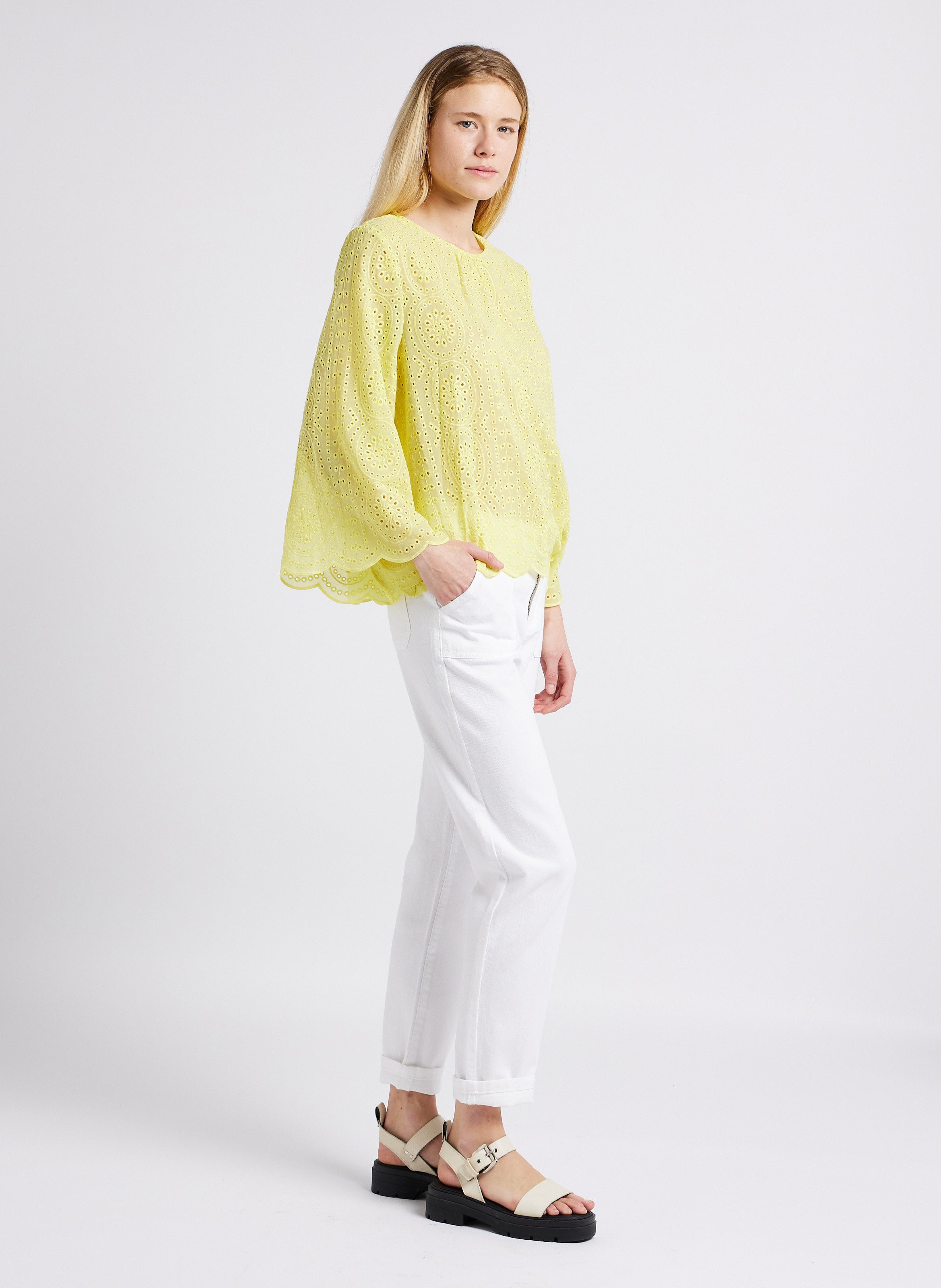 Pantalon slim taille haute en coton MAISON 123 Blanc